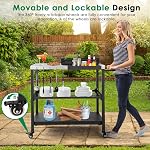 Outdoor Grill Cart, 3-Tier Rolling Prep Dining Cart Pizza Oven Stand Table with Lockable Casters, Hooks & Adjustable Mesh, Metal Kitchen Cart Island, Black