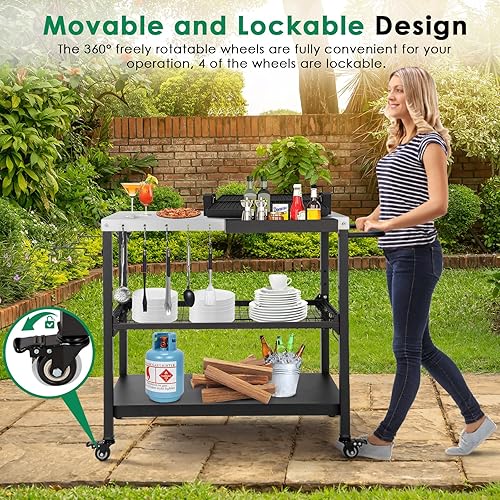 Vista 9 de Carrito de parrilla al aire libre con ruedas, mesa de soporte para horno de pizza de 3 estantes para exterior, patio, cocina, mesa móvil