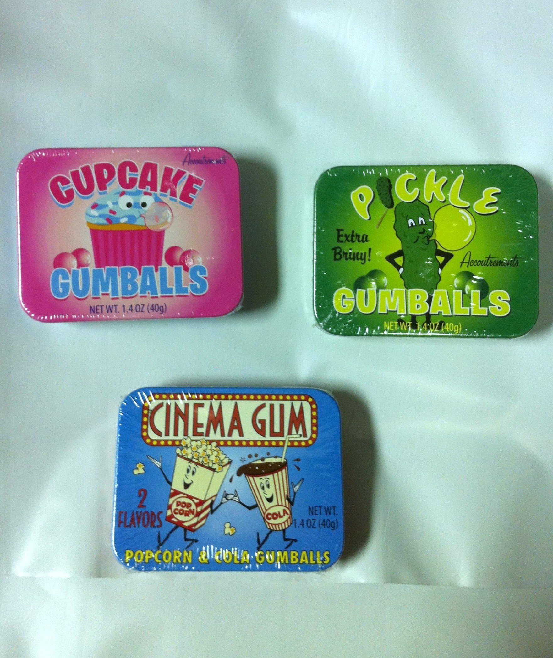 SNACK FOOD BUBBLEGUM Triple Sampler Gift Pack- Pickle Gumballs, Cupcake Gumballs & Cinema Gumballs