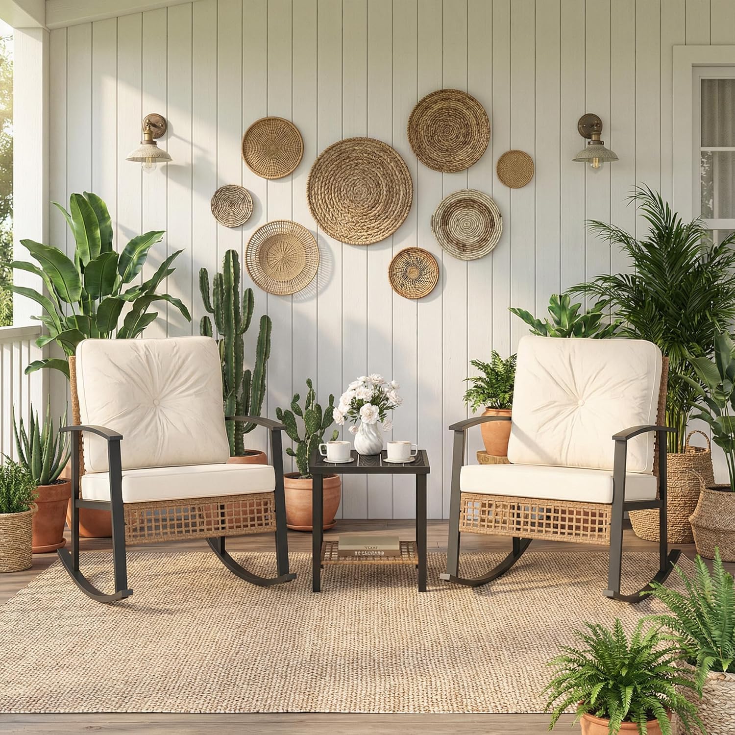 COSIEST 3-Piece Rattan Rocking Chairs Bistro Set with Thick Beige Cushions & 2-Tier Storage Table for Patio, Porch, Backyard
