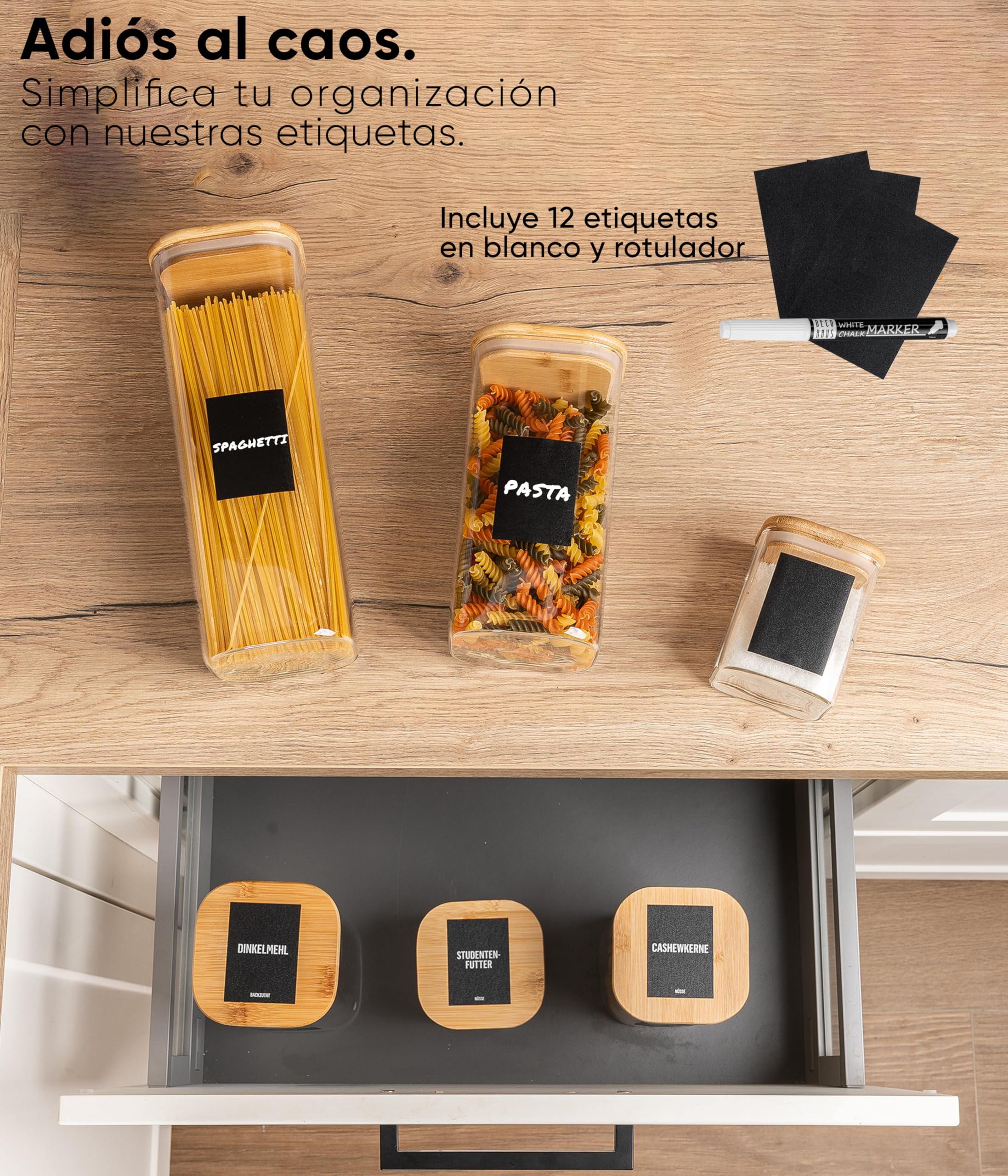 Deco haus® Tarros de Cristal con Tapa hermética, Juego de 8 [+ Etiquetas], Botes Cocina Almacenaje, Tarros Cristal con Tapa de Madera, Frascos de vidrio Apto para Harina, Café, Pasta