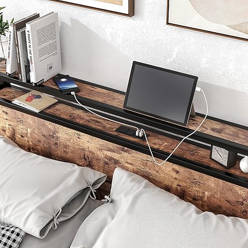 Miniatura 5 de BOFENG Base de cama de tamaño matrimonial con cabecera de almacenamiento, estación de carga USB, marco de cama doble de plataforma de metal, soporte