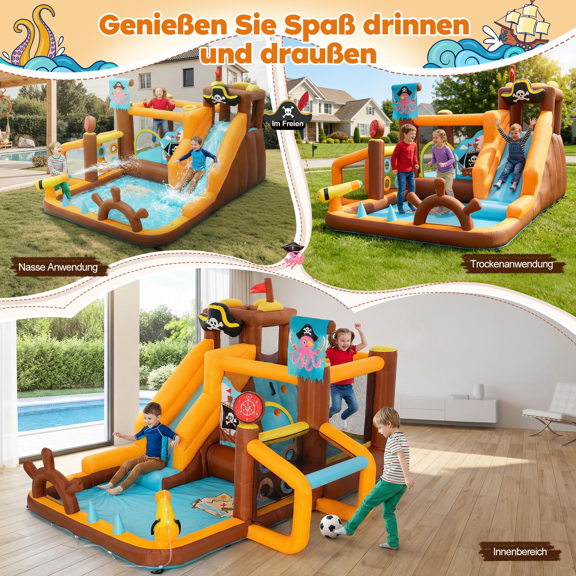 UEV Aufblasbarer Hüpfburg mit Gebläse, Geeignet für 3 bis 8 Jahre | Hüpfburg Indoor Kinder, Wasserspielcenter mit Trocken/Wasserrutsche Planschbecken Kletterwand Sprung und Basketballkorb