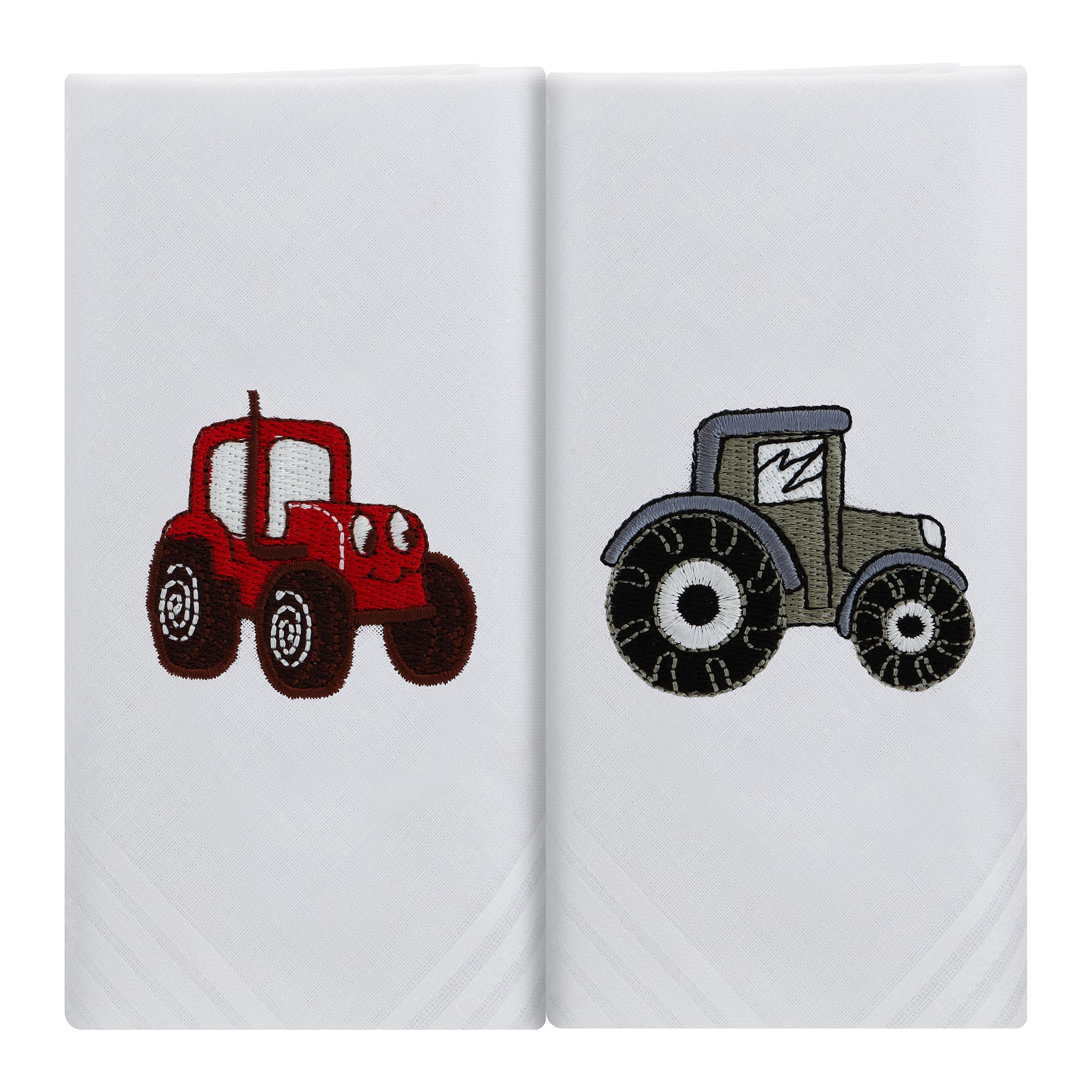 Box of 2 White Cotton Handkerchiefs Each Embroidered with a Farm Tractor