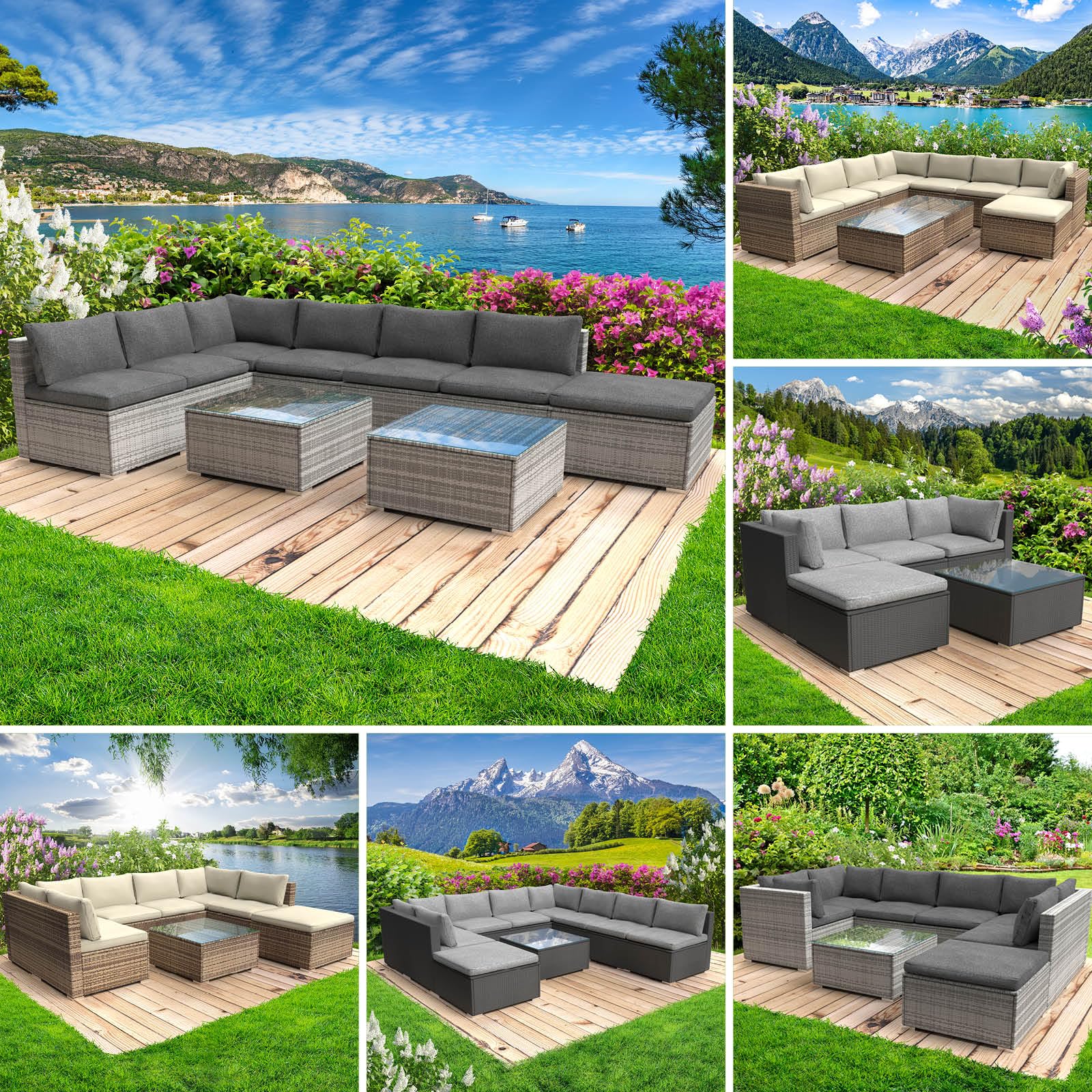 BRAST Gartenmöbel Lounge Set | 6-7 Personen viele Modelle & Farben | inkl. extra Dicke Kissen | Outdoor Loungemöbel Sitzgruppe Essgruppe Garnitur | Relax Grau