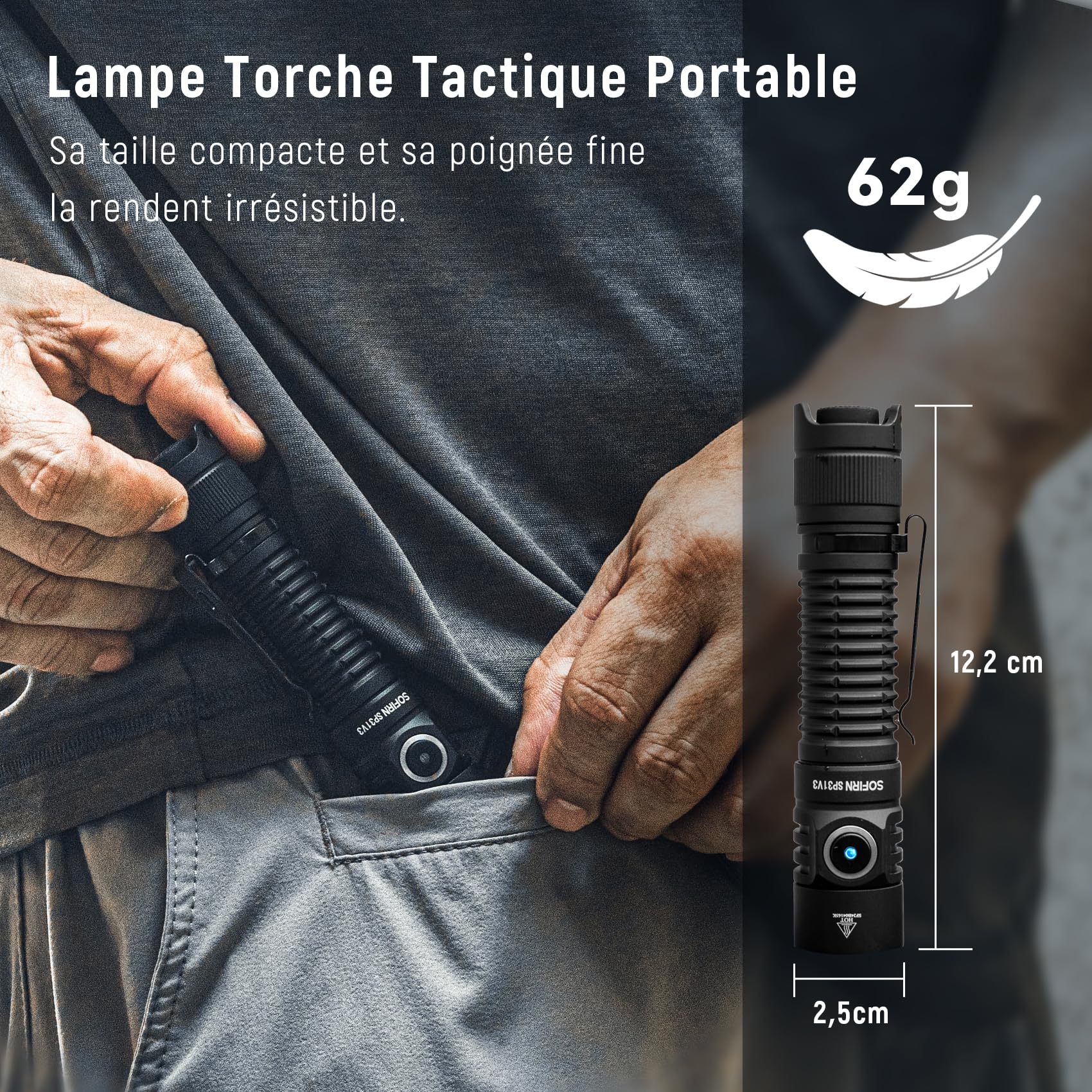 sofirn SP31V3 Lampe Torche Tactique 2000 Lumens Rechargeable | Portée 269m, double interrupteur, charge USB-C, aluminium aéronautique, lampe de poche pour camping randonnée