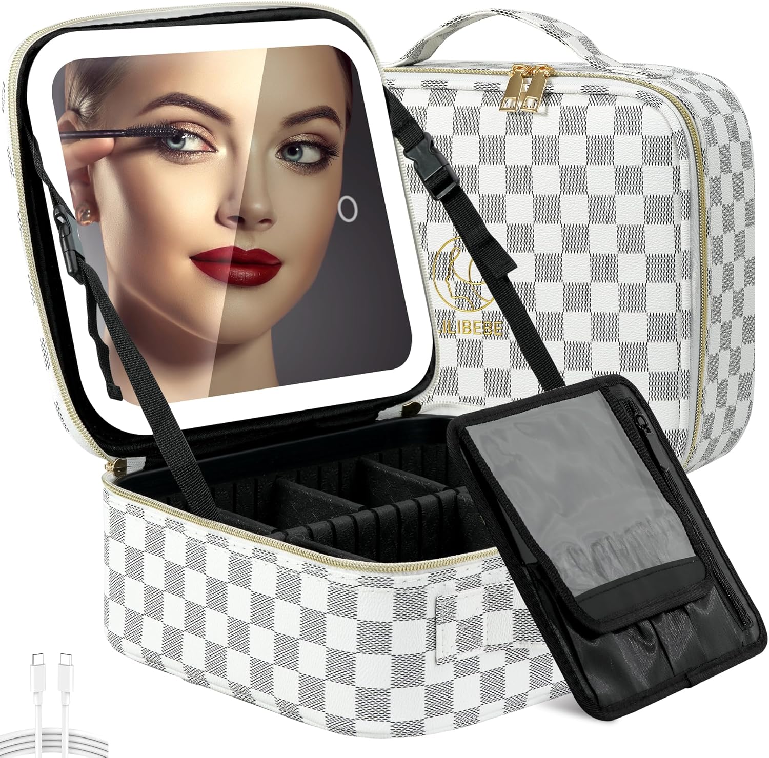 Makeup Bag with Mirror 3 Color Scenarios Adjustable Brightness Personalized Travel Jewelry Case, Wedding Gifts, Portable Custom Jewelry Box with Name, Gifts for Women Grey, Grey/White