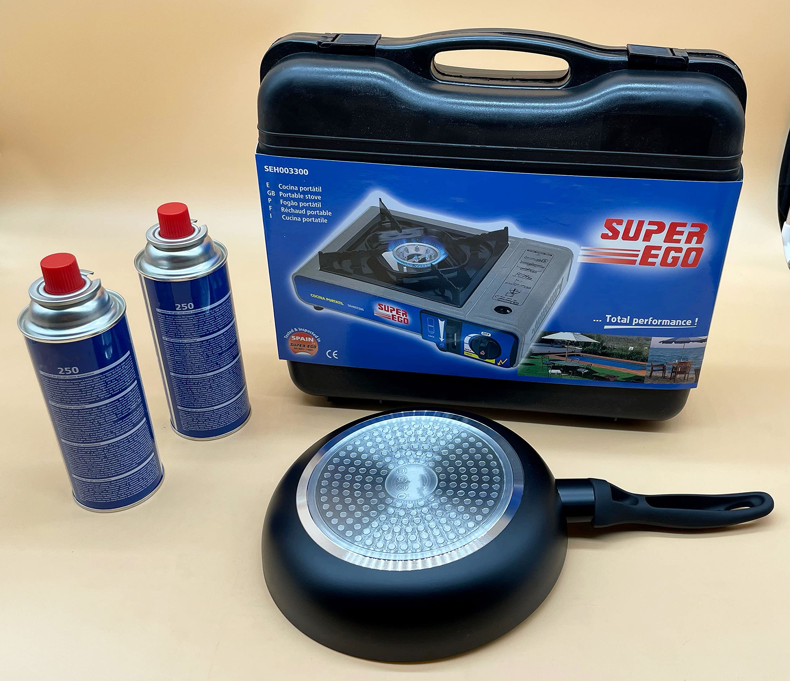 Kit Cocina Portátil a Gas + Sarten iSTEEL 22cm + 2 Recambios Gas | Kit Cocina Aire Libre | Maletín Cocina Incluido