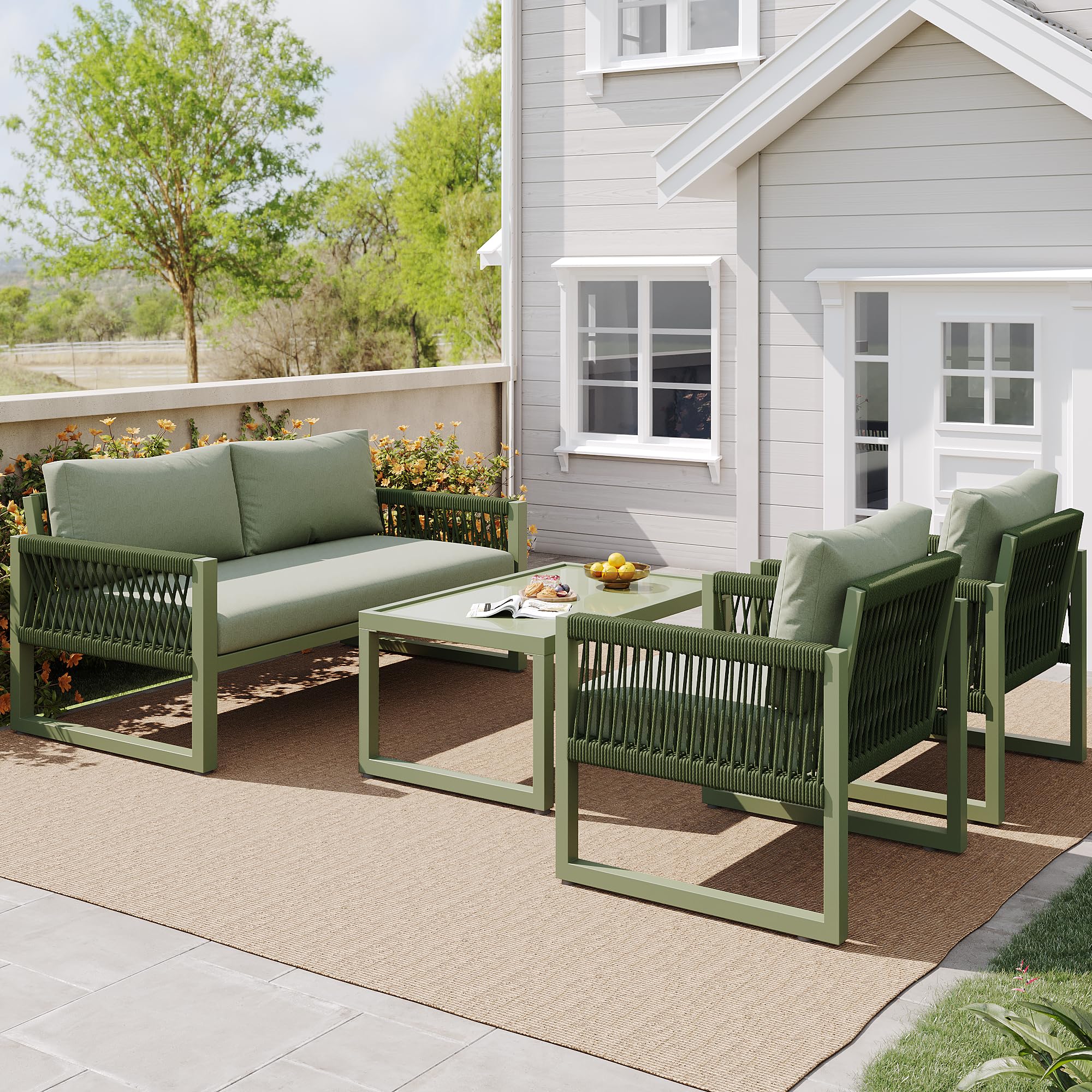 Kayan Set di mobili da giardino resistenti alle intemperie, per 4 persone, per esterni, con cuscini, 2 poltrone, panca da giardino, tavolo, con telaio in ferro zincato, per giardino, terrazza, balcone