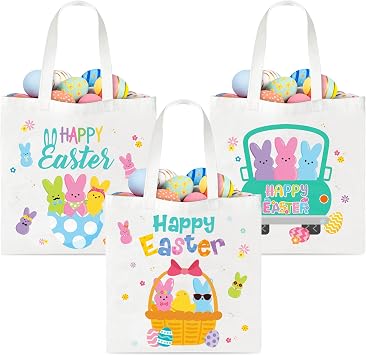 Zainpe 3Pcs Easter Gift Canvas Bags Egg Bunny Tote Treat Bags with Handle for Kids, Reusable Large Capacity Handbag Happy Easter Rabbit Chick Trick Baskets Handbags Spring Candy Party Favor Supplies