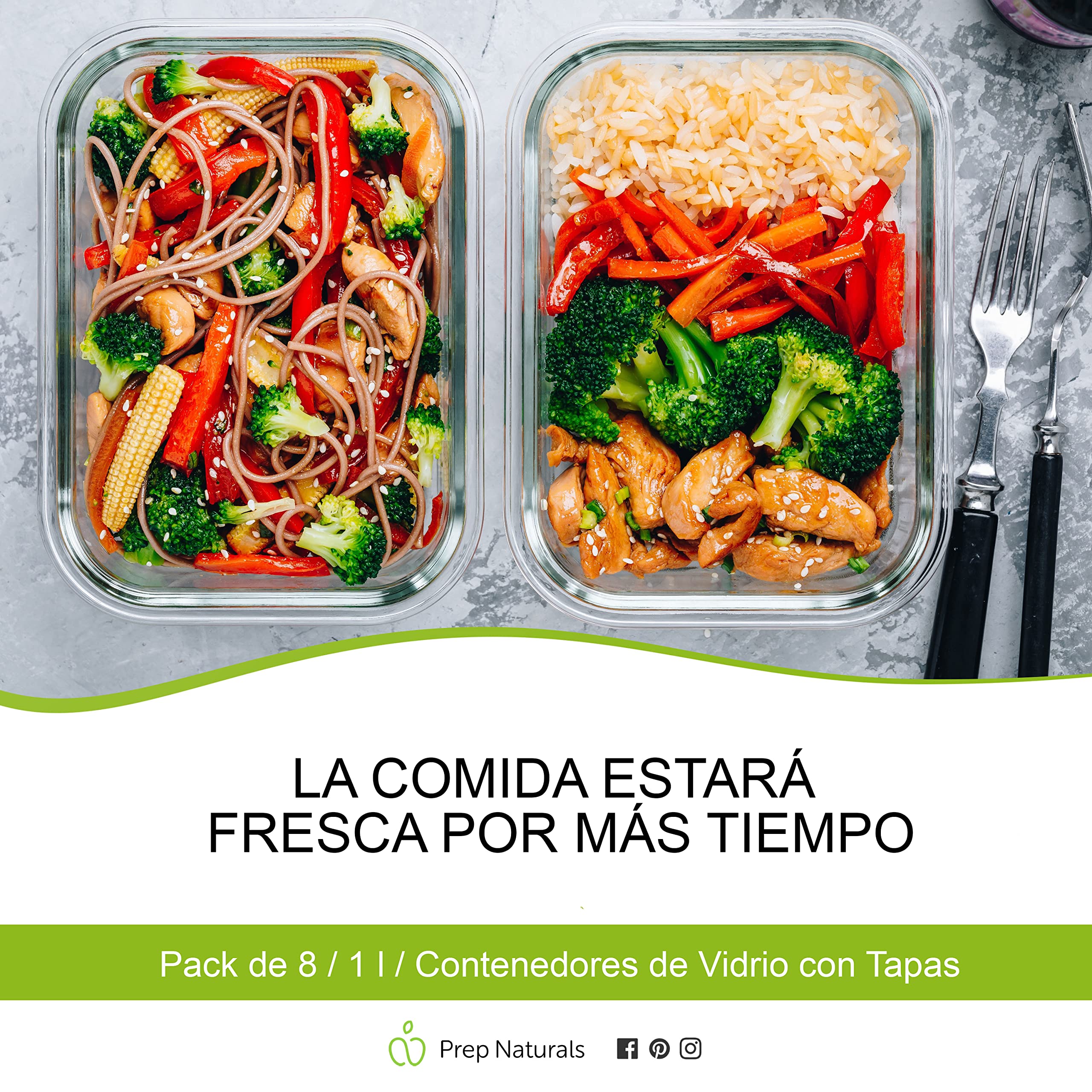 Prep Naturals [8 Pieza 1000 ml] Recipientes para Alimentos - Juego de Recipientes de Cristal para Alimentos Hermético - Contenedores de Alimentos - Apto para Lavavajilla Microondas Congelador