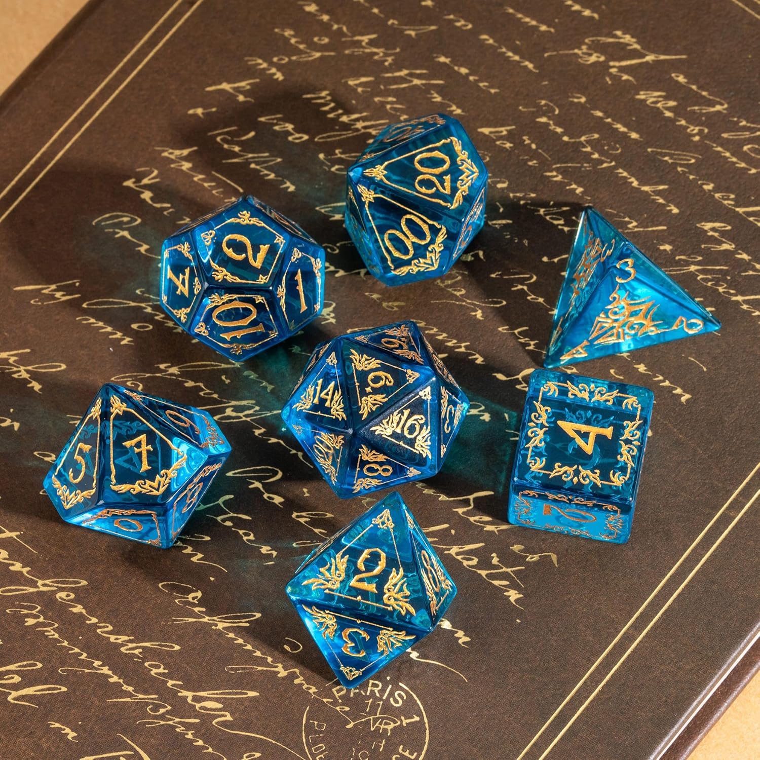 UDIXI Blue Glass Dice Set D&D Transparent Glass DND Dice Set with Leather Box for Role Playing Games and Tabletop Games