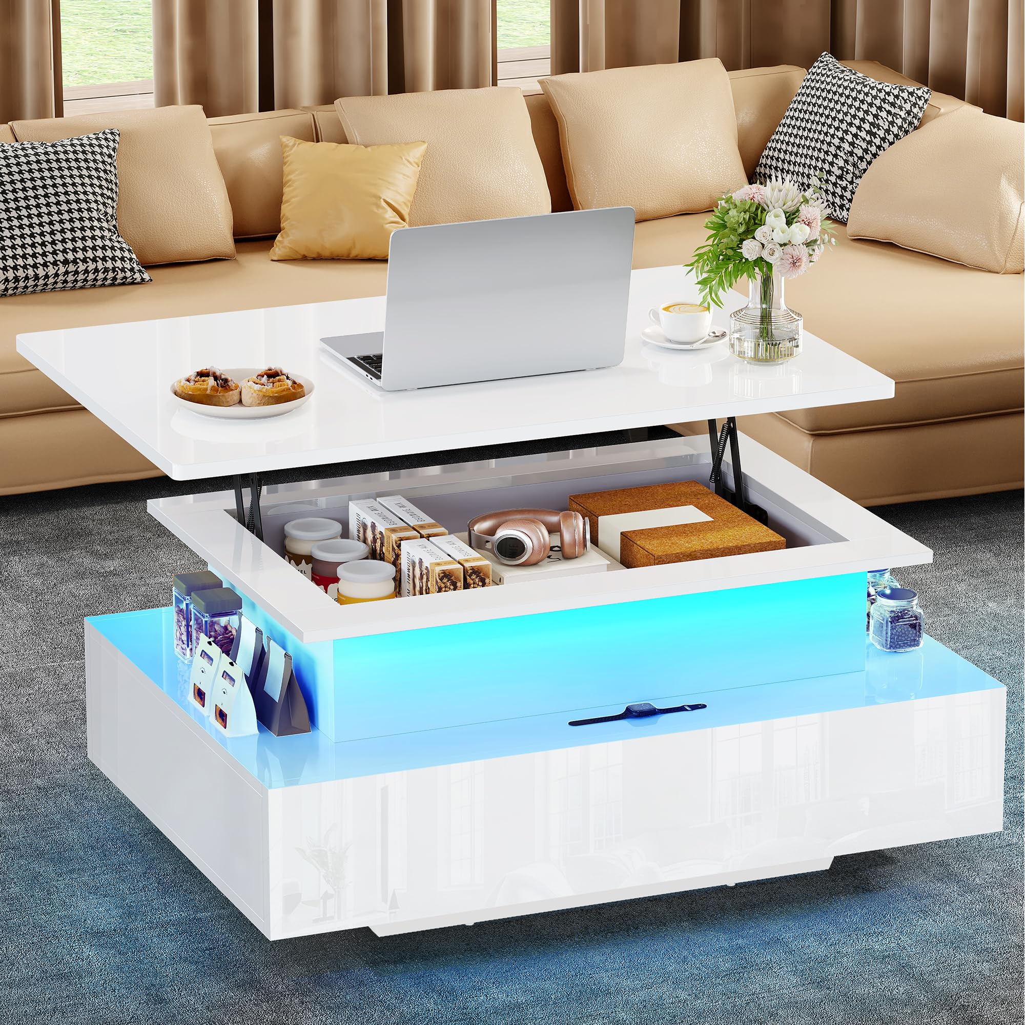 YITAHOME Mesa de Centro Elevable, Mesa de Salón Brillante Moderna con 16 LED de Colores y 2 Cajones