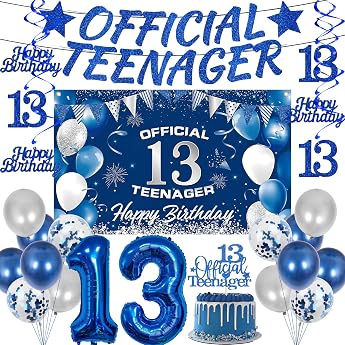 13th Birthday Decoration Boy Teenager - 24 Pieces Blue Officaial Teenager Banner Happy Birthday Background Balloons Hanging Swirl Cake Decoration for 13 Years Boys Girls Party Decoration