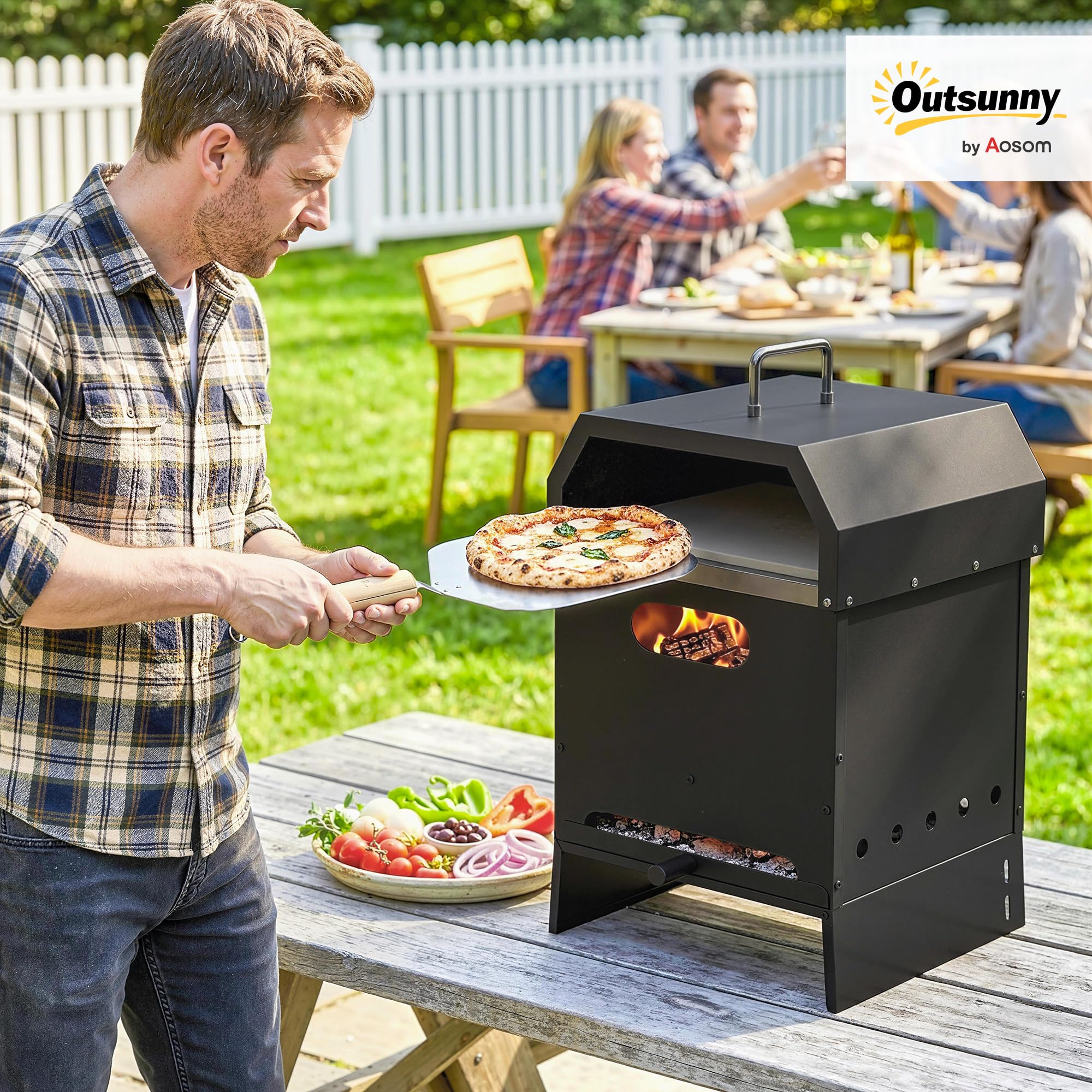 Outsunny Four à pizza d'extérieur 3 en 1 à bois en acier inoxydable 2 niveaux avec pelle à pizza