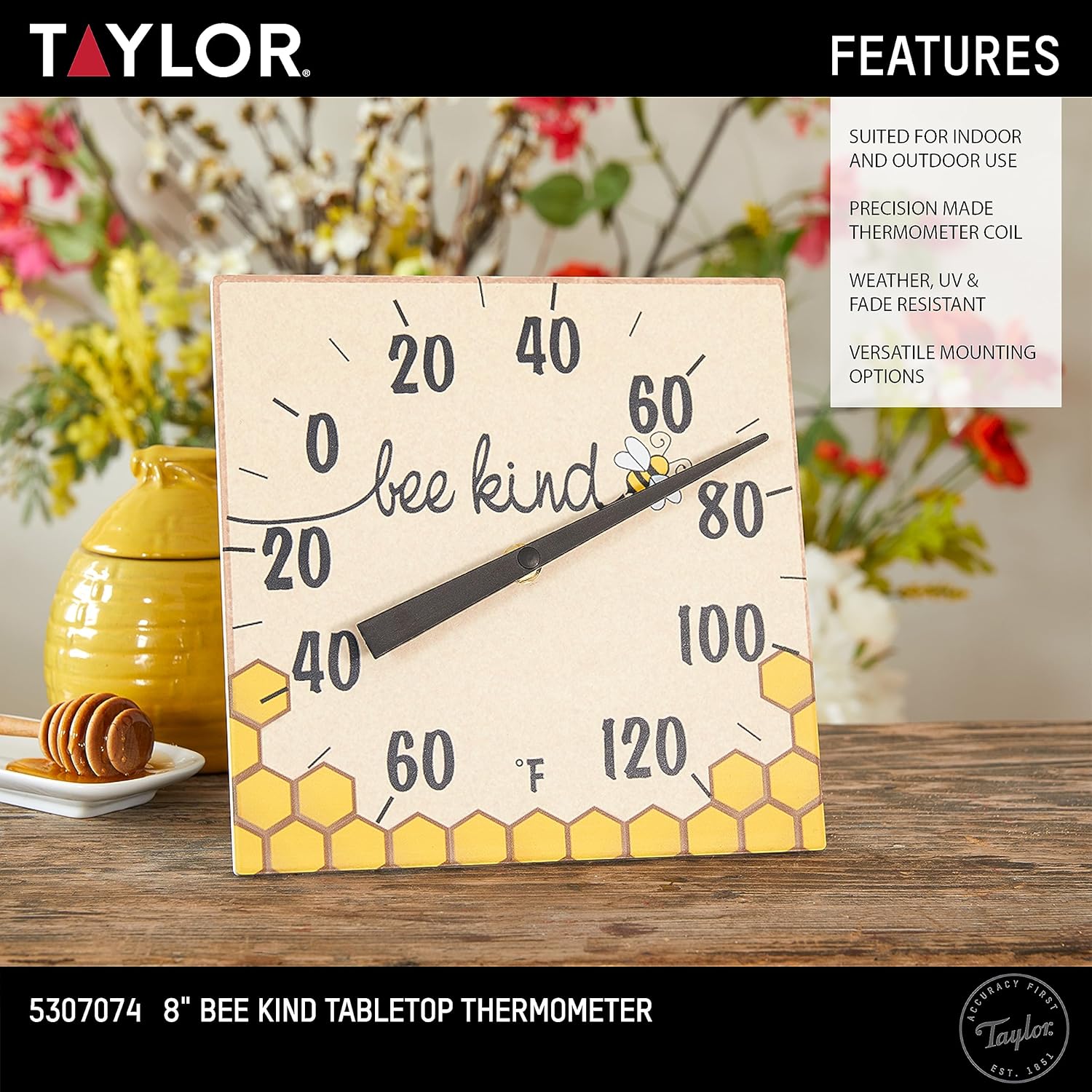 Taylor Bee Kind Indoor Outdoor Tabletop Thermometer, Decor for Patio, Pool, or Garage, 8 Inch, Multi-Color