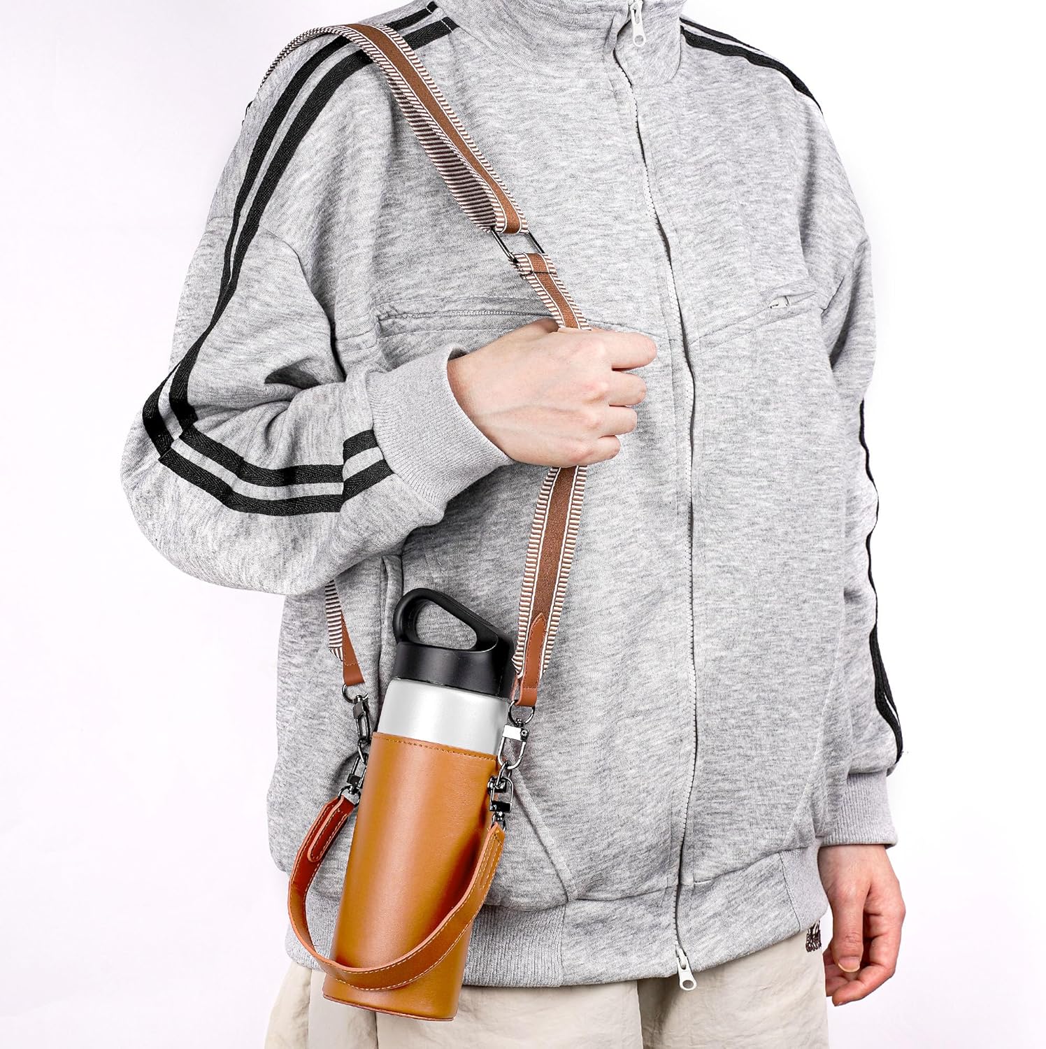 Linkidea Vegan Leather Water Bottle Carrier with Strap Compatible with CamelBak Carry Cap, Waterbottle Sling Bag Holder with Adjustable Shoulder Strap, Brown - Image 6