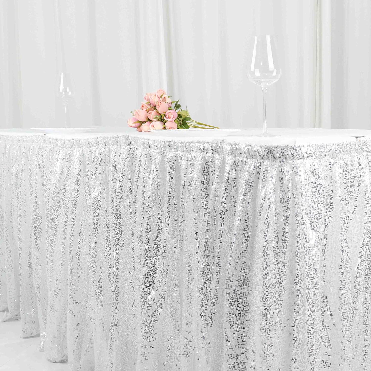 Tableclothsfactory 17ft Sparkly Silver Sequin Pleated Satin Table Skirt with Top Strip