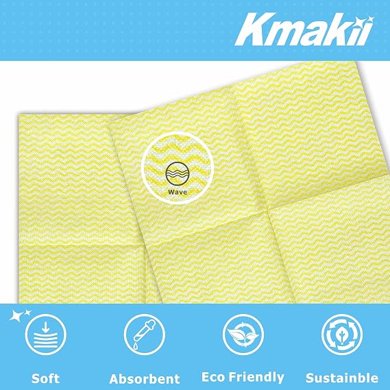 KMAKII Multi-Purpose Cleaning Cloths, Absorbent and Quick-Drying, Streak-Free and Strong, Ideal for Kitchen, Bathroom, and Car Cleaning, 12x12in,Yellow, Pack of 100