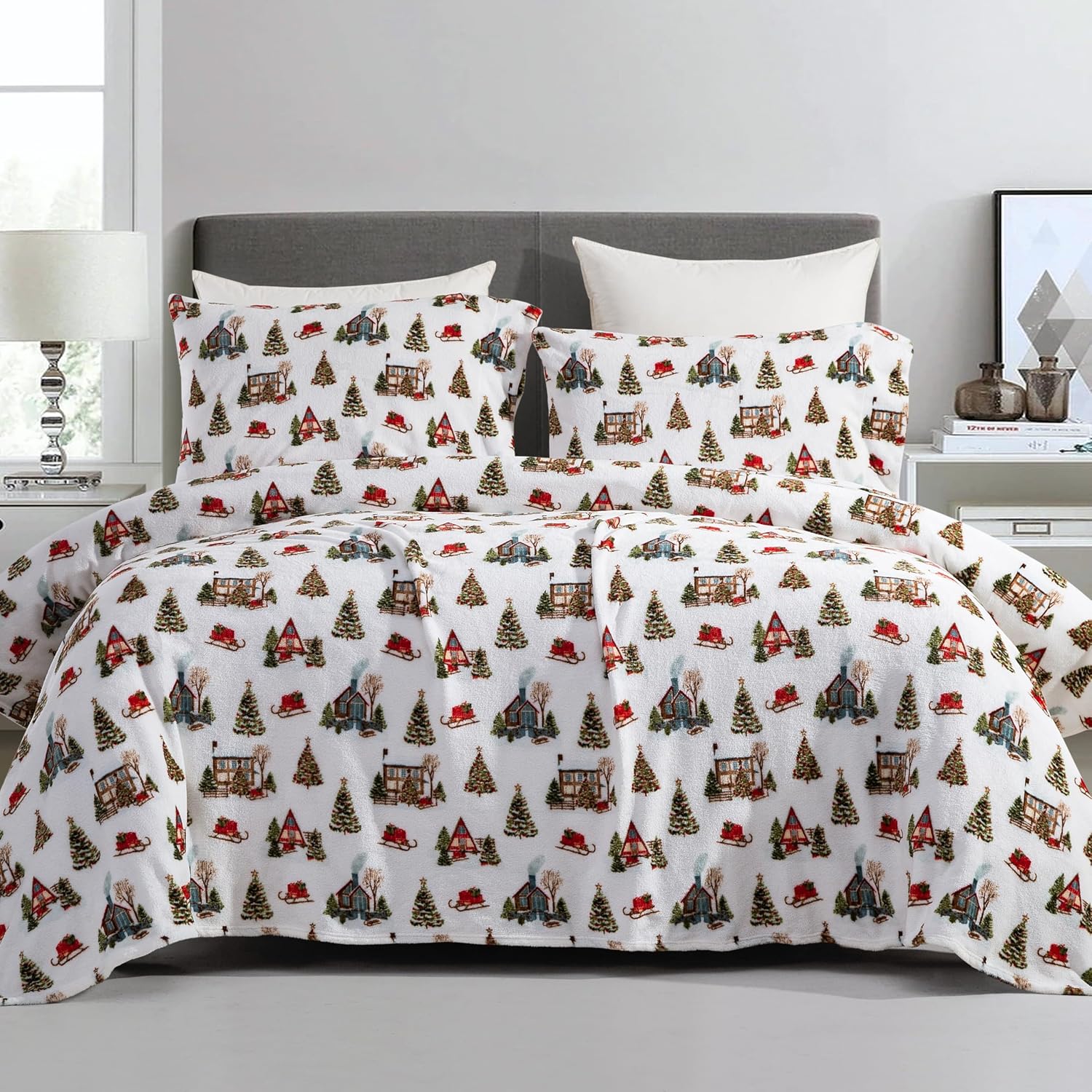 Elegant Comfort Luxuriously Soft 4-Piece Holiday Velvet Plush Flannel Sheet Set - Premium Quality - Cozy Warm, Christmas Fuzzy Velvet Flannel Fleece Deep Pocket Sheet Set - Twin XL, Bungalow image 2