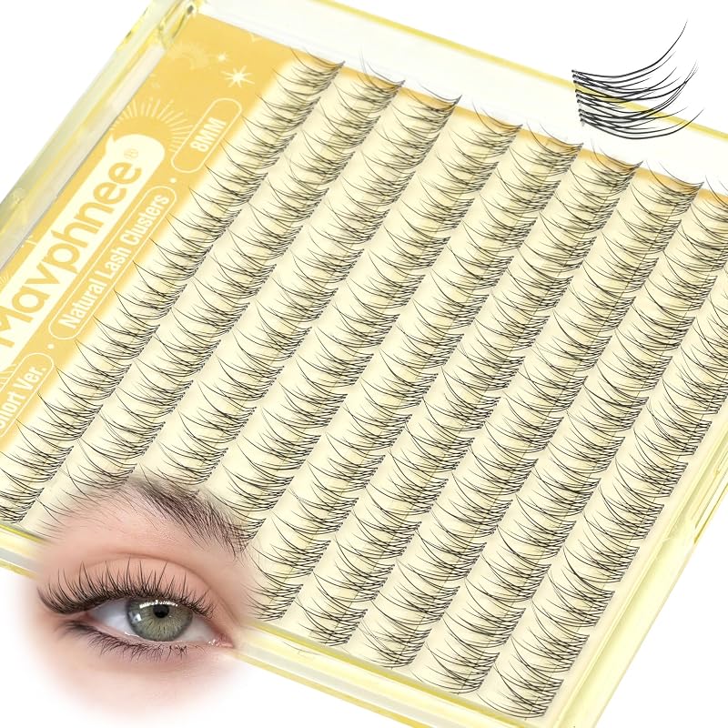 Cílios postiços em tufos Mavphnee, 8 mm, curvatura C e faixa transparente flexível