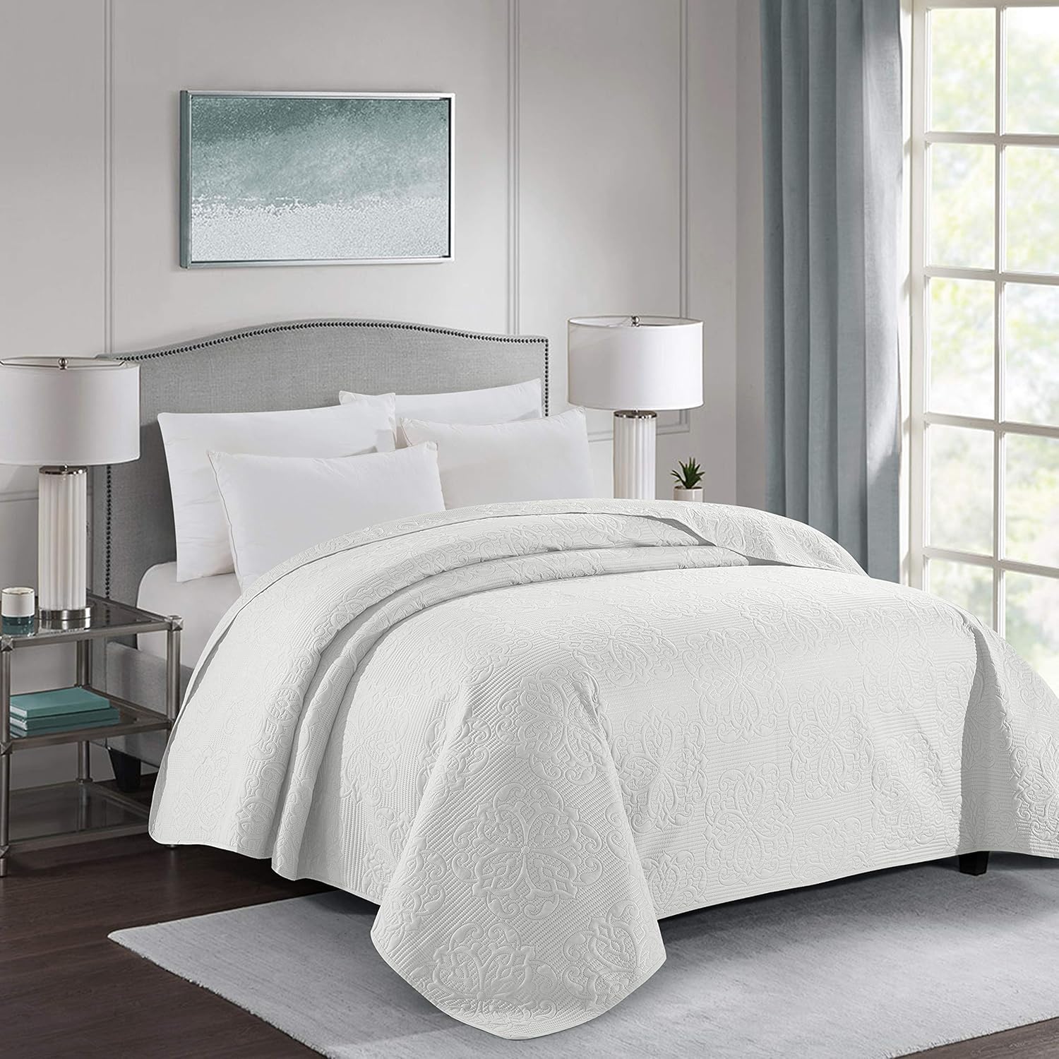 ALPHA HOME Embossing Bed Quilt King Size 106"*96" Polyester Lightweight Checked Bedspread Quilt Machine Washable One Piece Duvet Cover Reversible Cozy Coverlets for All Seasons, Ivory White