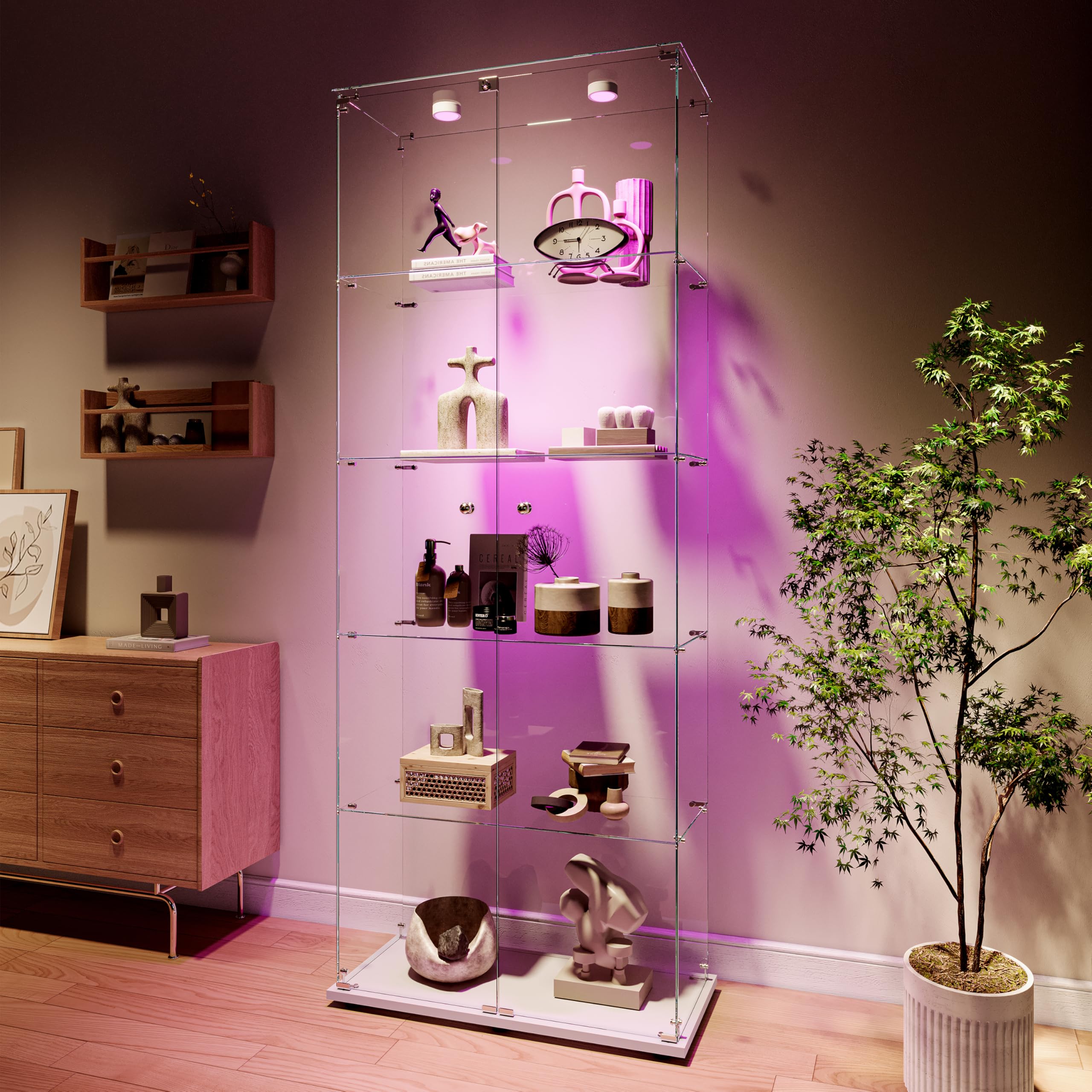 KOOPMAD 72" Glass Display Cabinet with LED,5-Shelves Showcase Cabinet,White