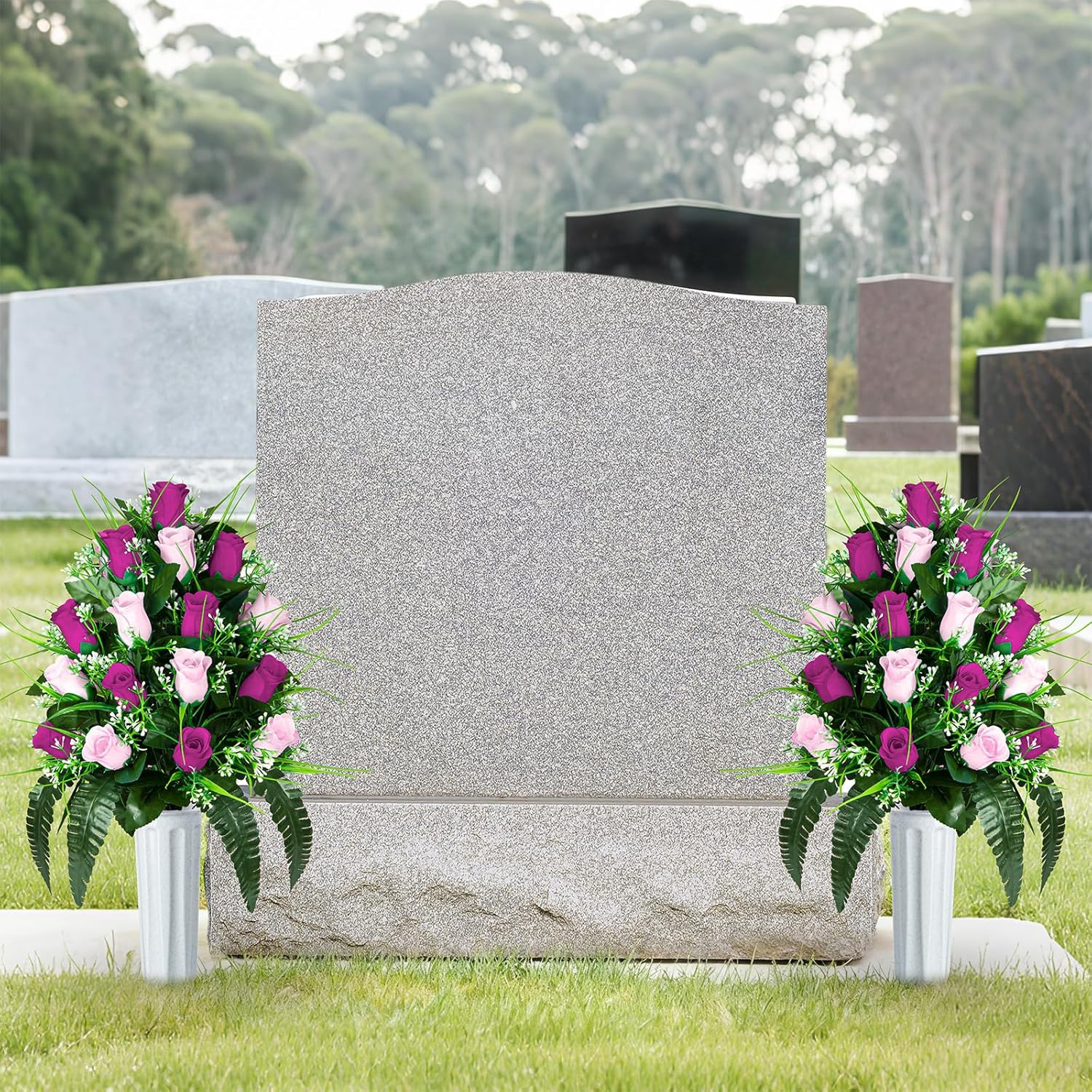 XONOR 2 Sets Artificial Cemetery Flowers, Grave Decorations Roses, Memorial Flowers Bouquet with Vase for Grave Cemetery Decoration (Purple&Pink)
