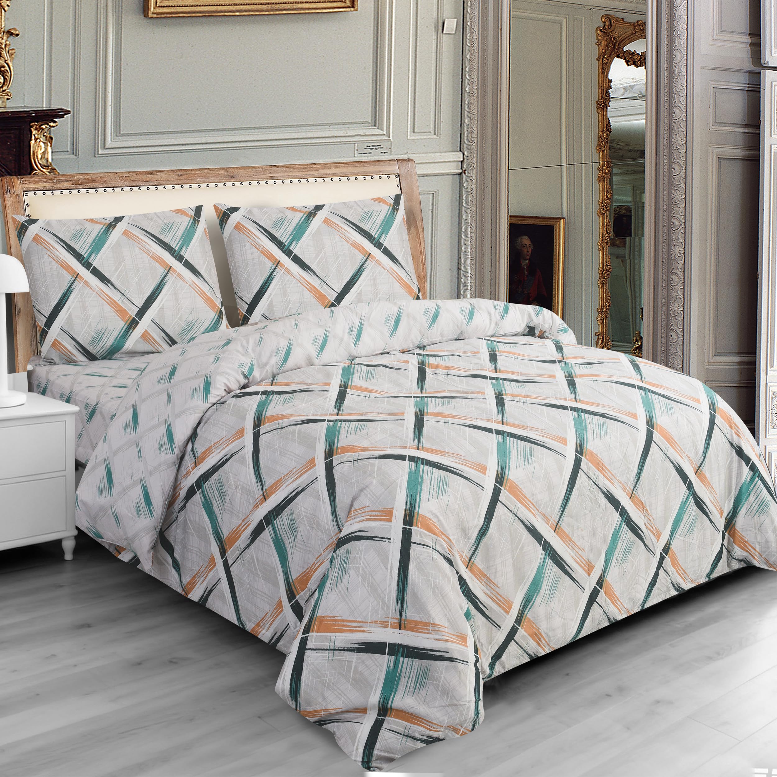 Hadi London 4 PCS 3D Printed Bedding Set with Fitted Sheet Pillowcases Soft Microfiber Duvet Cover Set Luxury Printed Quilt Cover for Single Double King Super King (Urban Grid 3D, SINGLE)