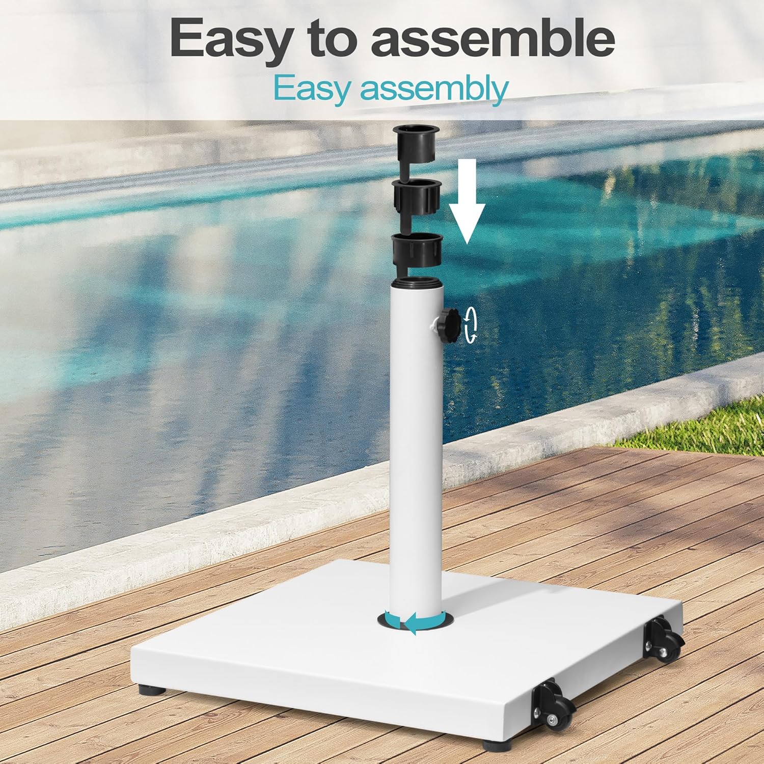 Patio Umbrella Base 43lbs Outdoor Umbrella Stand with Wheels, Heavy Duty Square Concrete Stand Market Umbrella, White