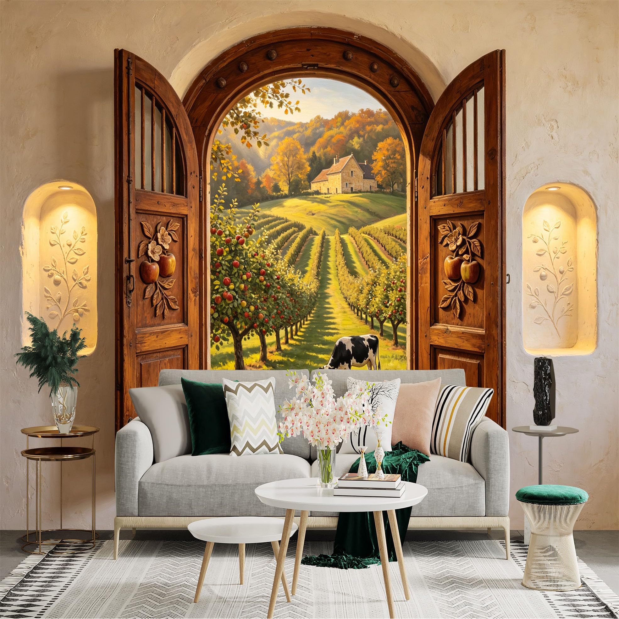 Custom Size Wall Sticker Mural， Rustic Farmhouse Window， Autumn Orchard Landscape， Countryside Cottage View， for wall Decoration， peelandstick wall Decals.