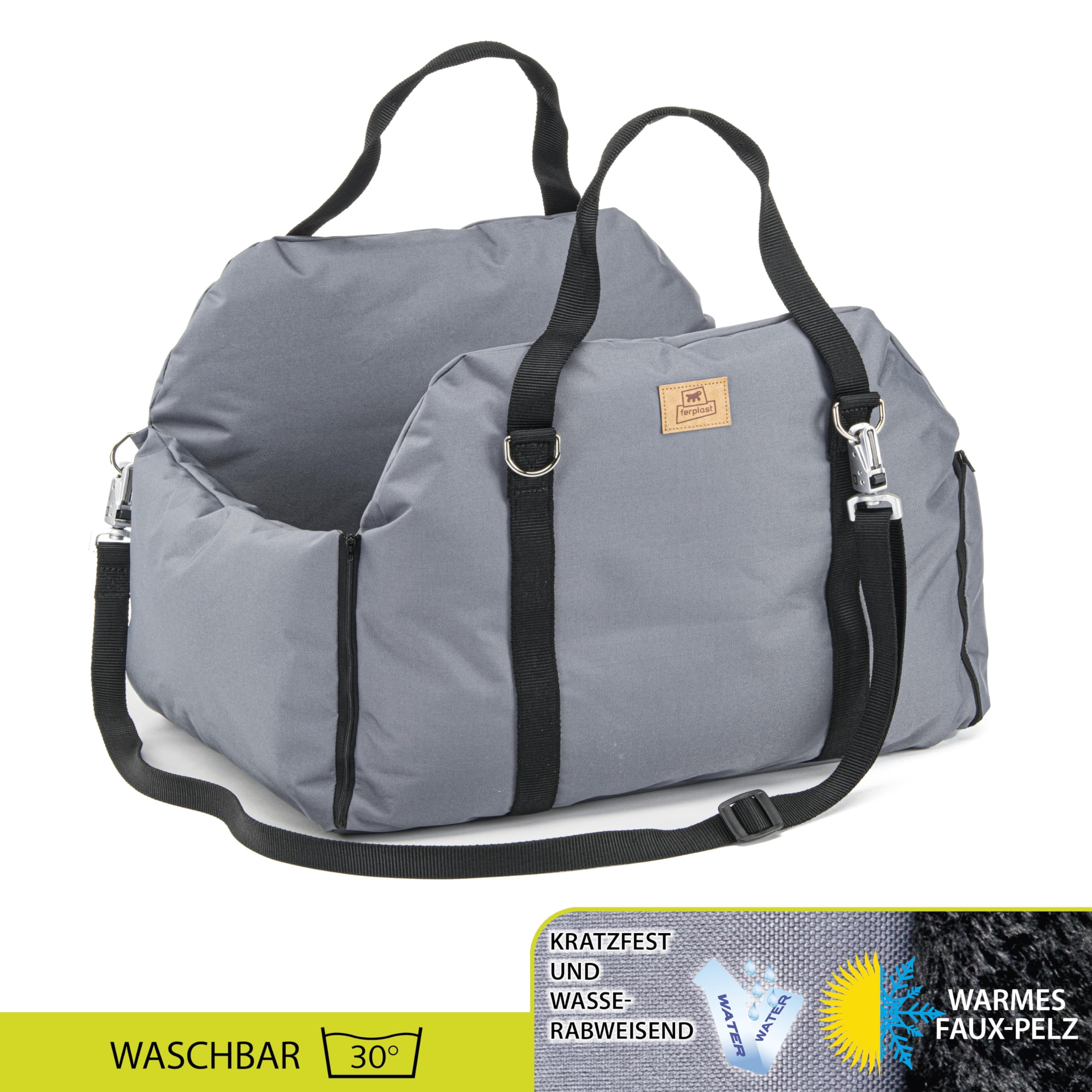 Ferplast Borsa Trasportino Cane, con Tracolla e Maniglie, Cuscino Reversibile, Fissaggio al Sedile e Moschettone Magnetico, 52 × 46 x h 35 cm, CRUISER Borsa Cane e Trasportino Cane Auto, Grigio