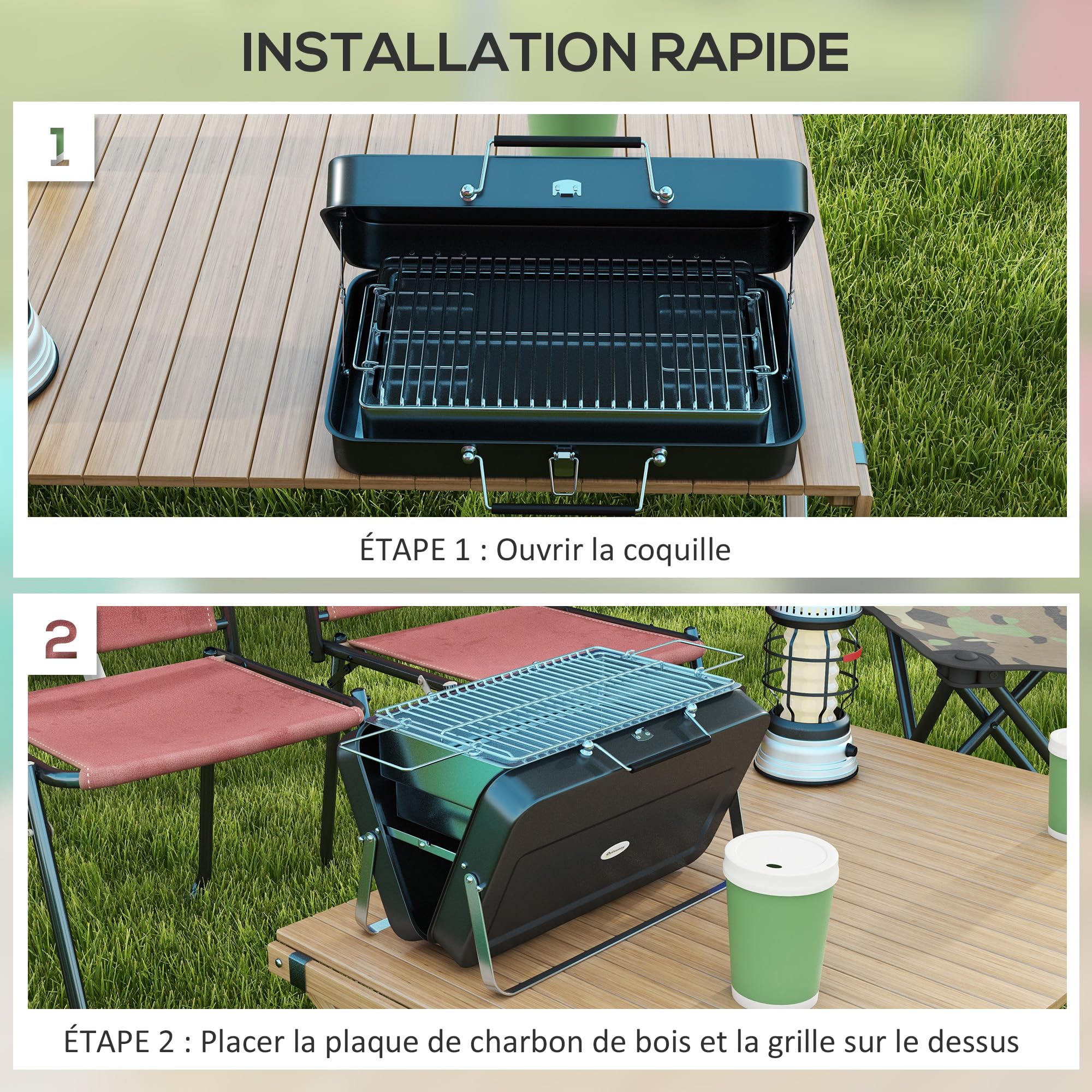 Outsunny Mini barbecue à charbon BBQ portable avec coque de valise barbecue de table pliable pour jardin, camping, pique-nique, dim. 47L x 30l x 28H cm noir