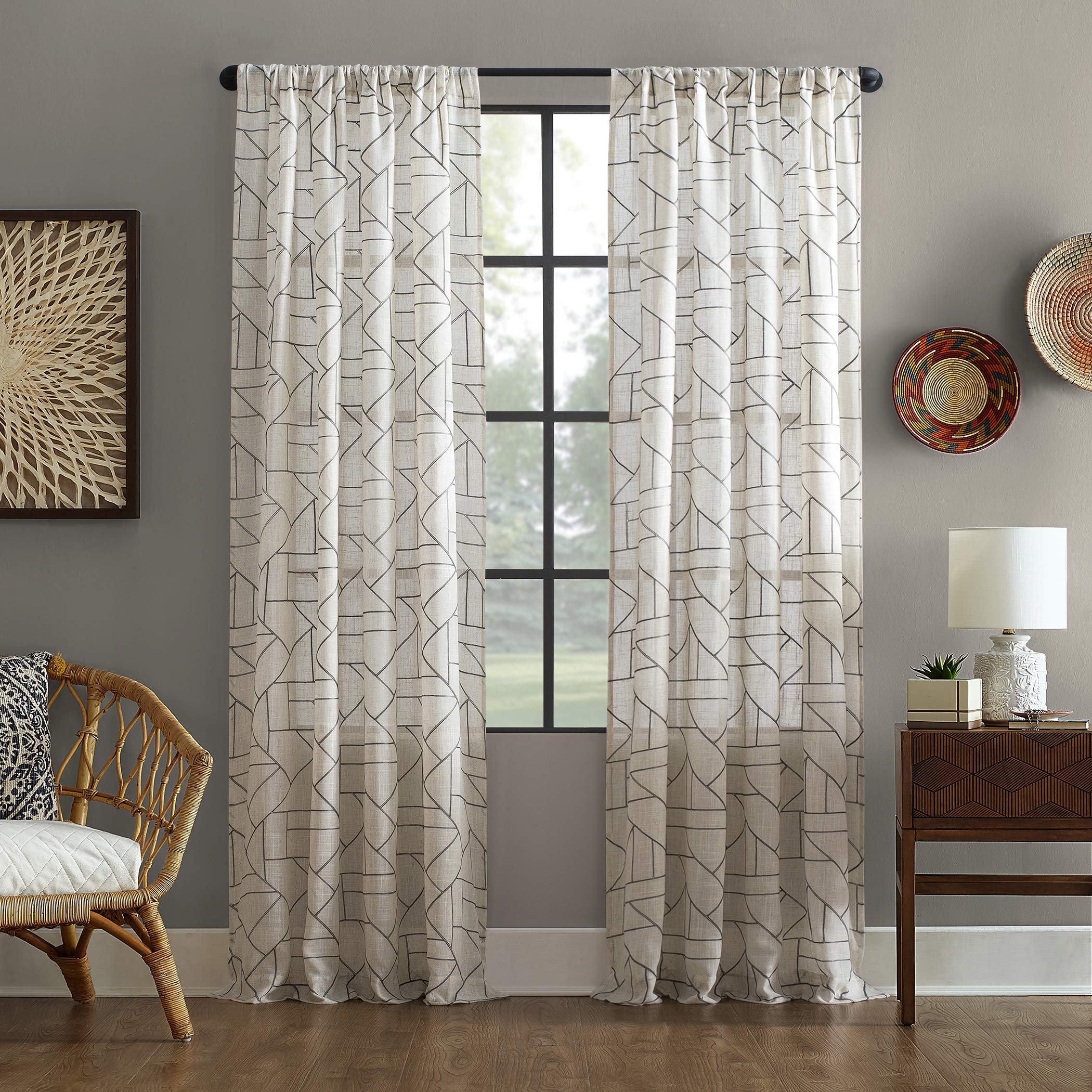 Archaeo Parçalanmış Geometrik Nakış Orta Yüzyıl Modern Doğal Keten Karışımı Perde, 127 cm x 274 cm, Gri/Keten