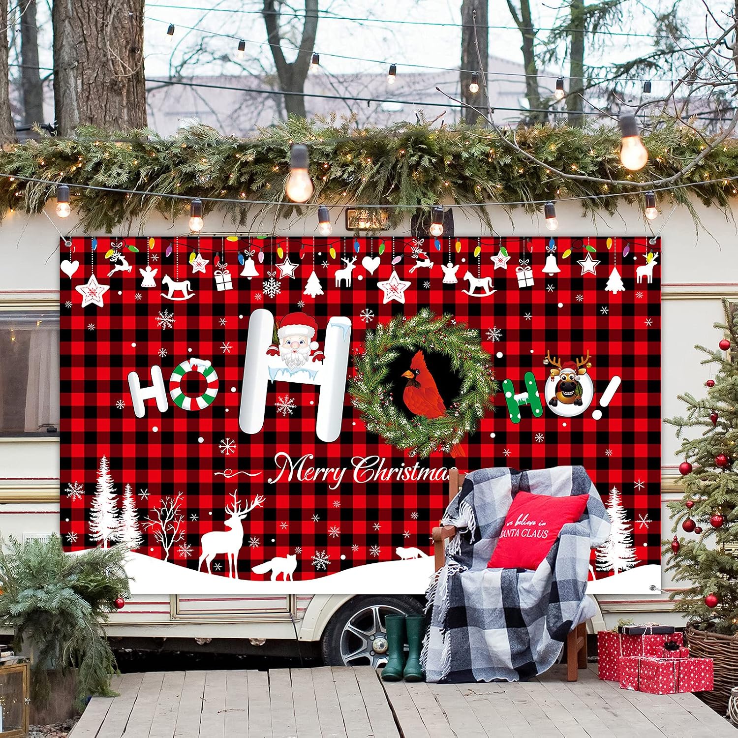 Buffalo Plaid Christmas Backdrop Christmas Party Banner Decoration Black and Red Background Photo Booth Wall Party Decor for Winter Holiday New Year Decoration