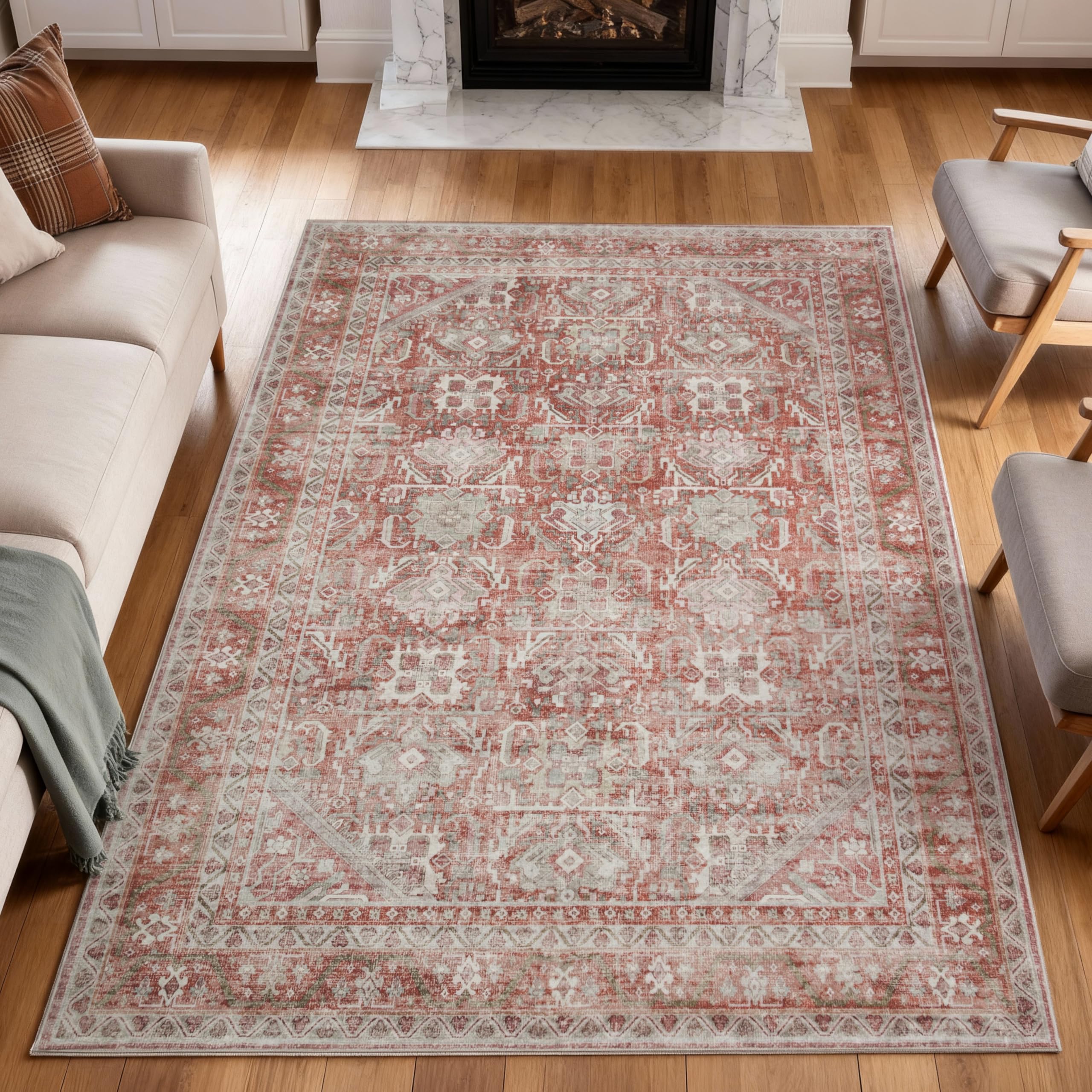 Kuden 5x7 Area Rug, Machine Washable Area Rug with Non-Slip Backing, Vintage Style, Soft, Easy Clean, Low Pile Rug for Living Room, Bedroom, Dining
