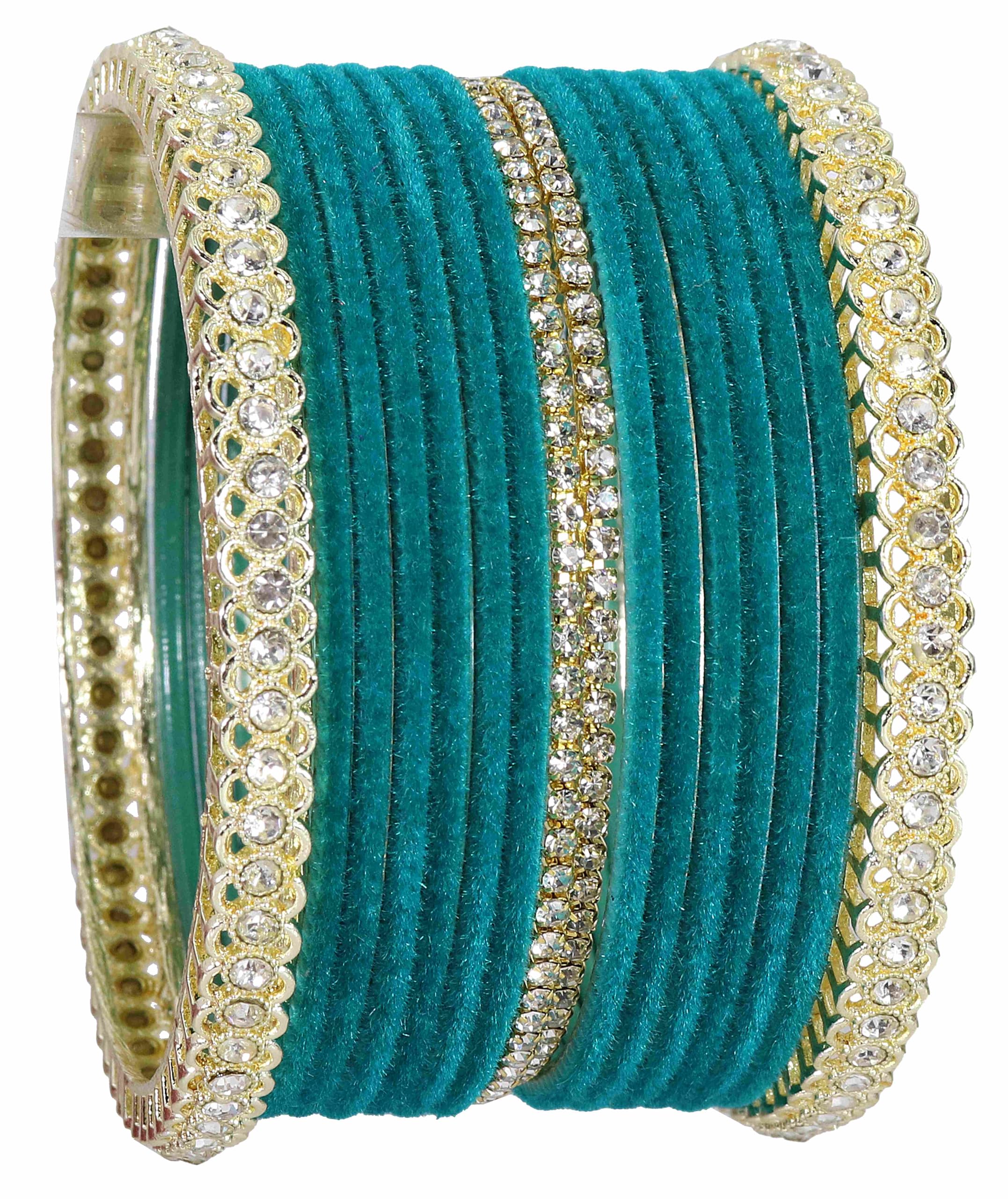 LAVAZZA Gold Plated Metal Velvet Bangles Short Chuda Set For Women & Girls with Zircon Gemstone | Radium Teal Colour Bangles| Ladies Bangles | Stone Work Bangles | Set of 32 -(LV_FMS6-Radium-2.6) 2
