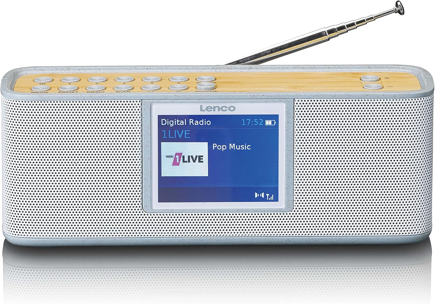 Lenco PDR-046GY DAB+ Portable Radio, front view with display showing 'Digital Radio 1LIVE Pop Music'
