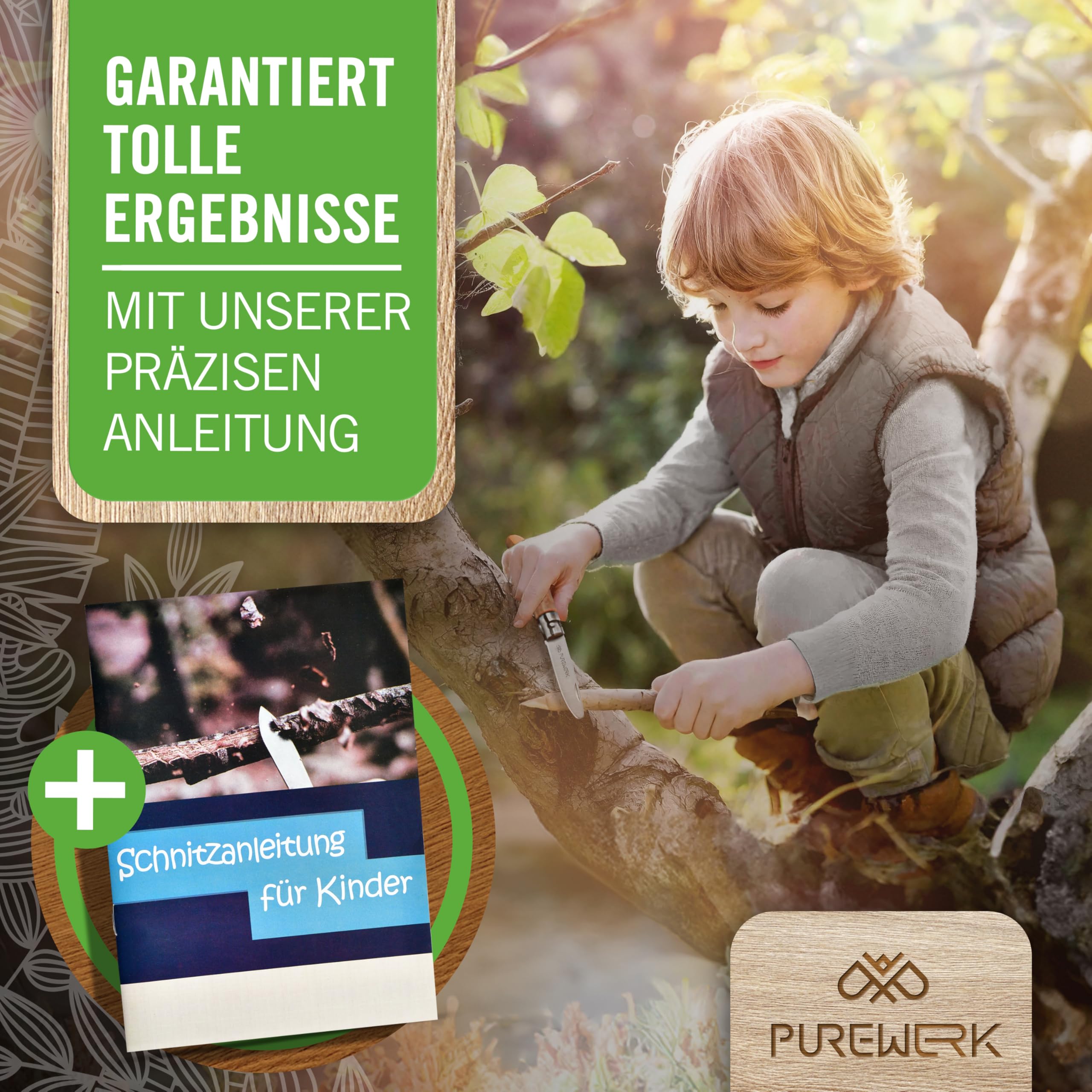 Schnitzmesser Kinder ab 6 Jahre [mit abgerundeter Spitze] - klappbares Outdoor-Taschenmesser mit Holzgriff - Schnitzset mit Kinderschnitzmesser, Etui, Handschuhen und mehr