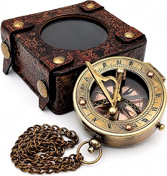 Brass Sundial Compass with Wooden Box, Vintage Nautical Compass for Hiking Camping Adventure, Handmade Pocket Compass with Chain, Maritime Travel Gift for Men, Collectors & Navigation Decor
