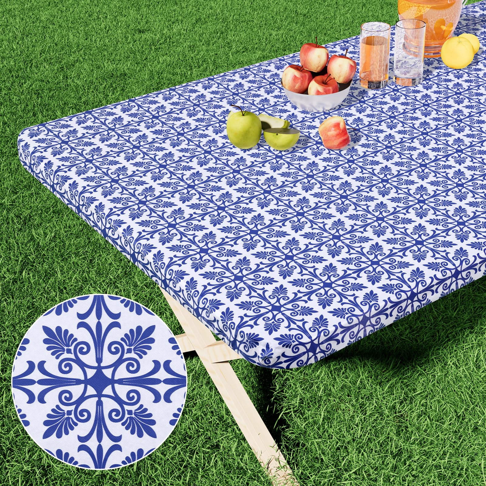 misaya Rectangle Vinyl Table Cloth, Elastic Fitted Flannel Backed Tablecloth, 100% Waterproof Plastic Table Cover Fits 8 Foot Folding Tables for Picnic, Camping, Outdoor (Blue, 30" x 96")