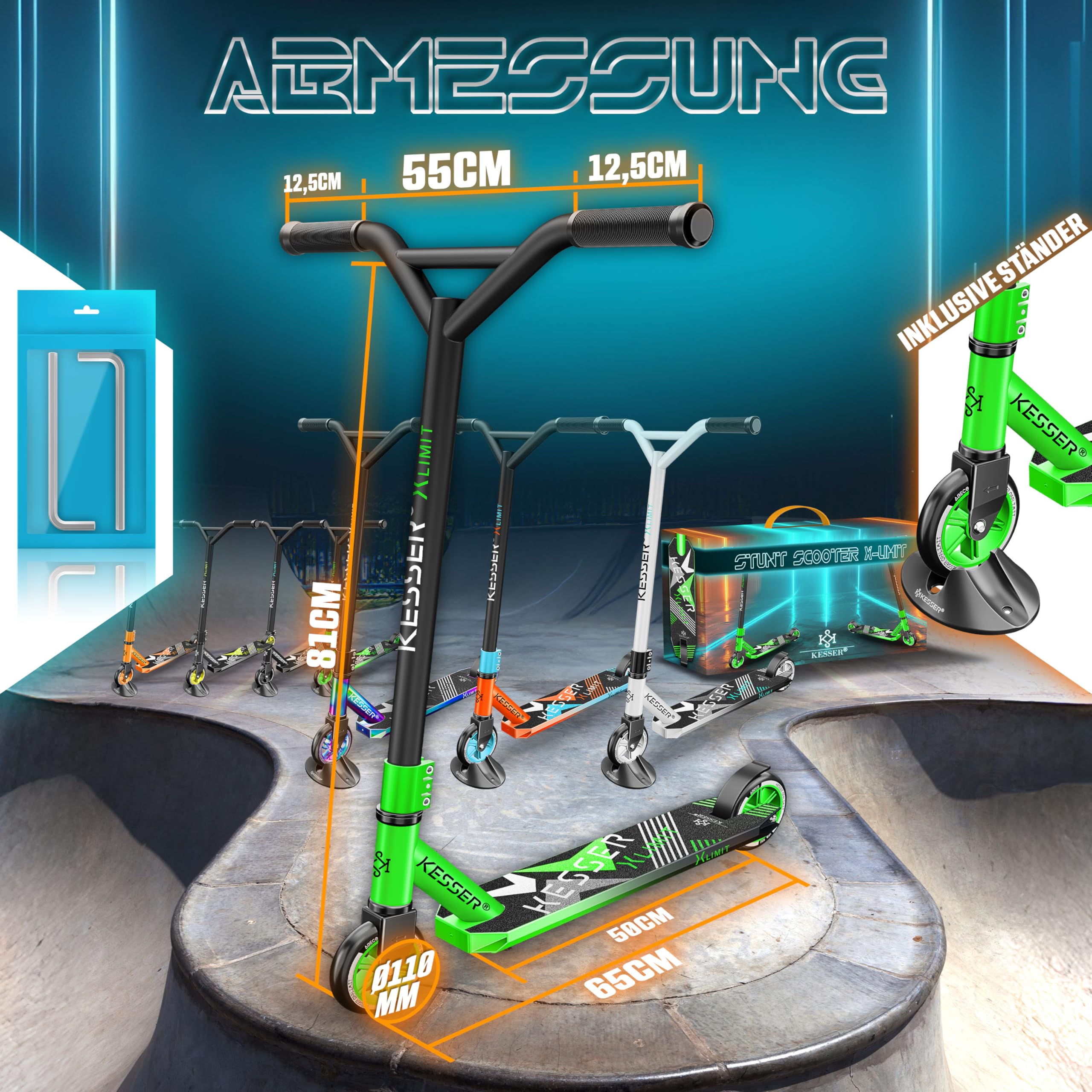KESSER® Trottinette Freestyle | Trottinette Freestyle X-Limit | Direction à 360° | Roulements à Billes ABEC 9 de 100 mm | Roues en polyuréthane | Robuste | Vert
