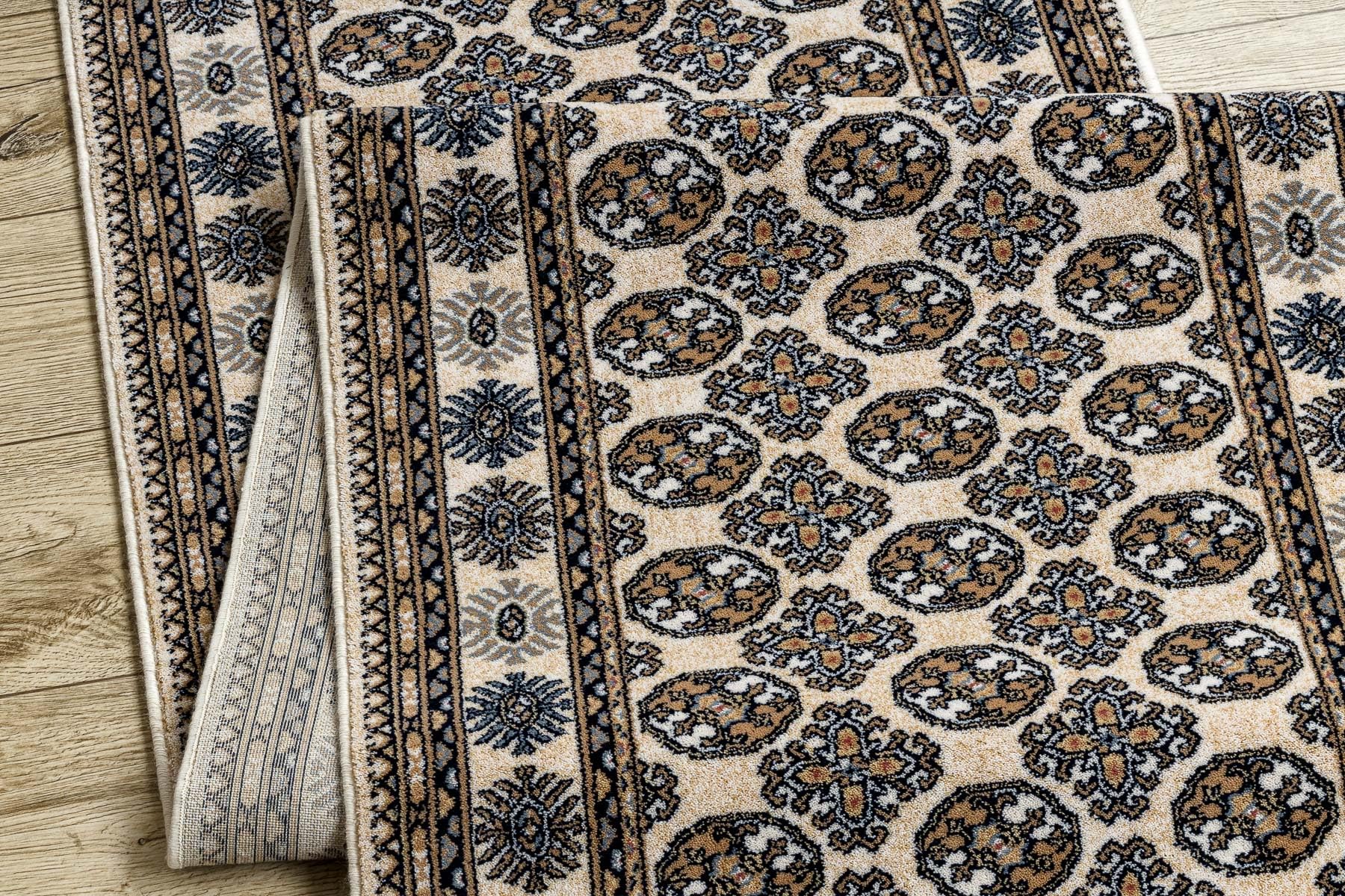 rugsx NAIN Läufer - Hochwertiger Wollteppich mit Rosettenmuster in Beige & Dunkelblau - Eleganter Orient-Teppich für Flur & Wohnzimmer 80x200 cm