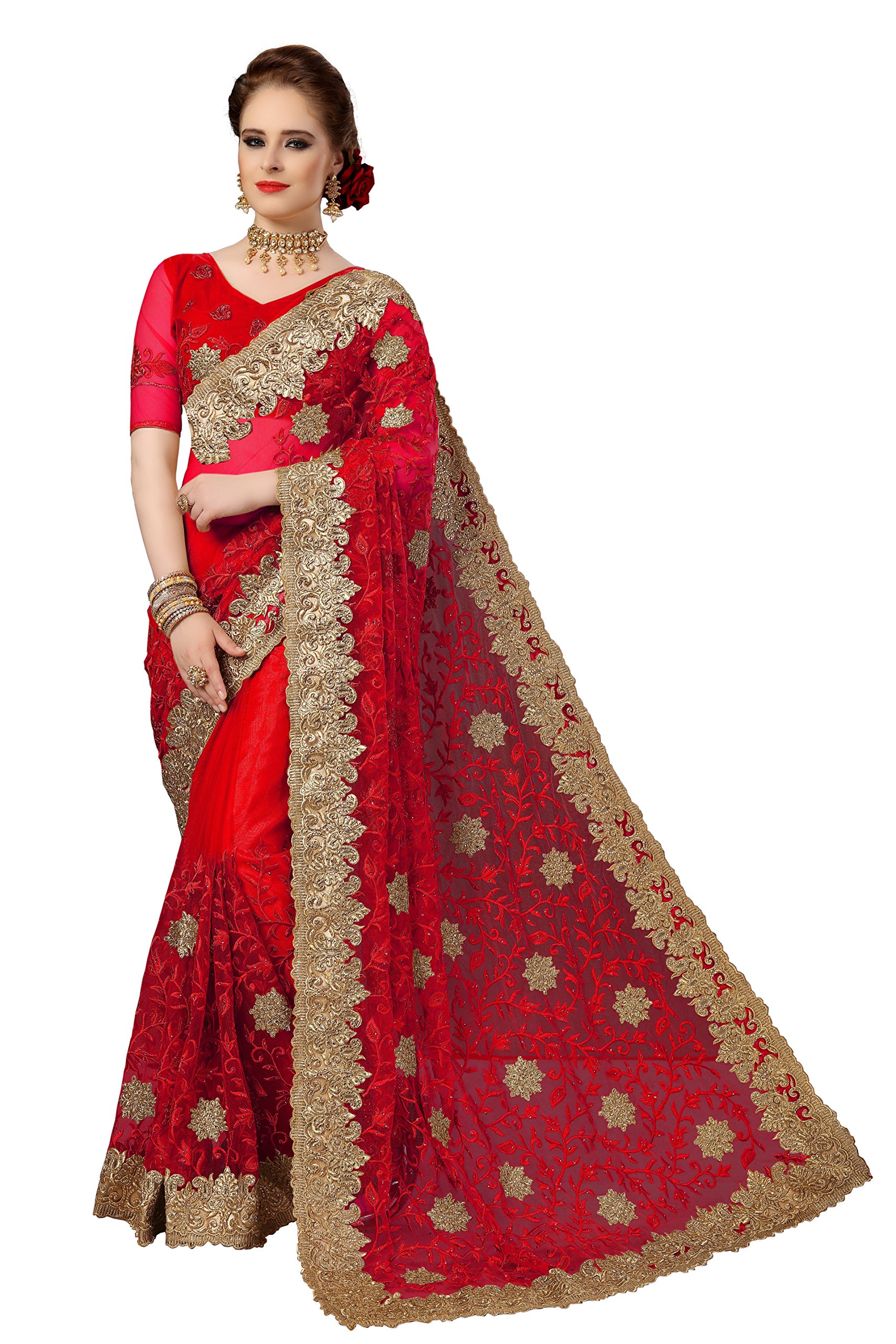 Nivah Fashion Women's Net Embroidery Saree with Blouse Piece (UK.K770-Red)