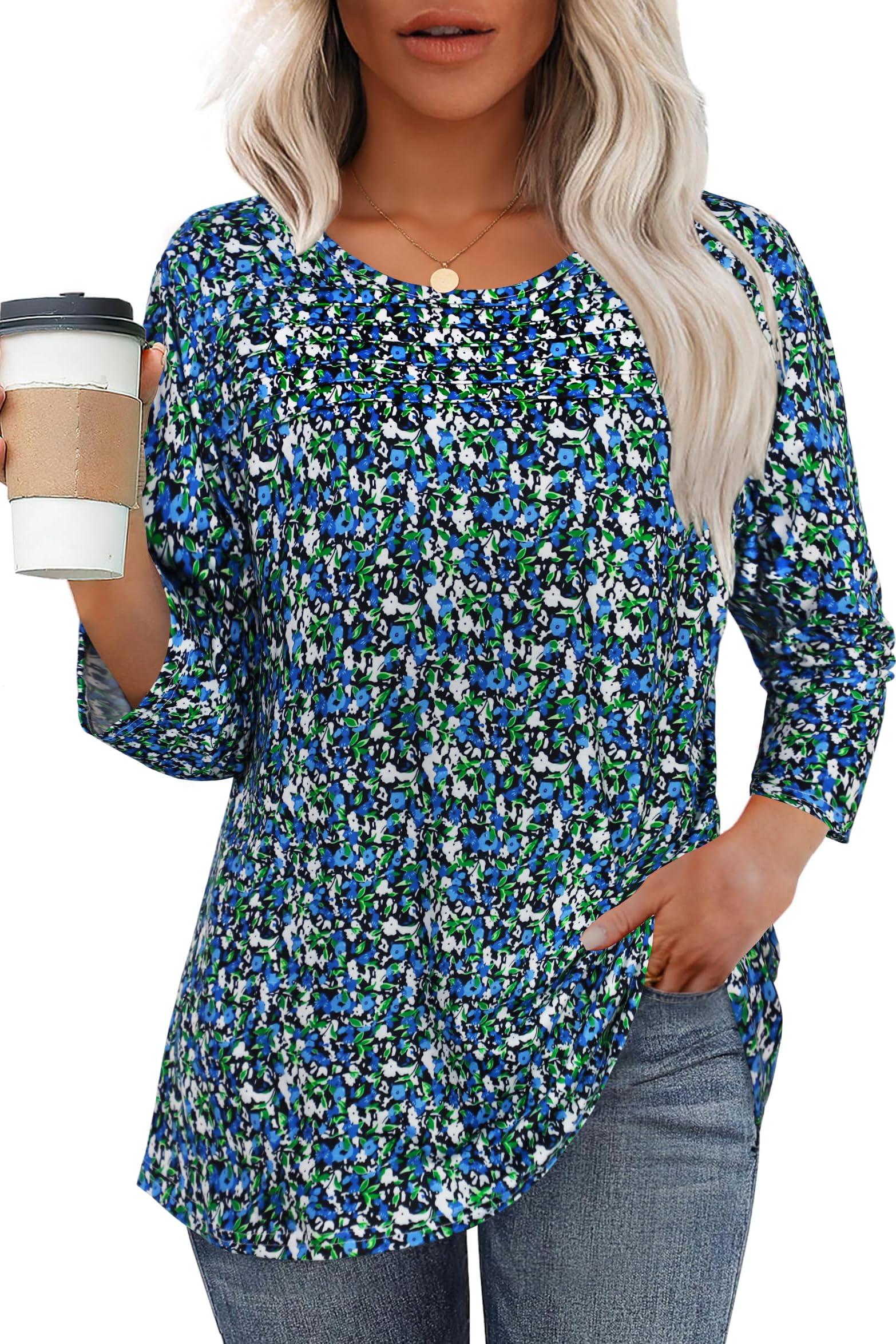 ADOREJOY Womens Tops 3/4 Length Sleeve Crew Neck Casual Blouses Dressy Outfits Pleated Front T Shirts Curved Hem Tunic Tee