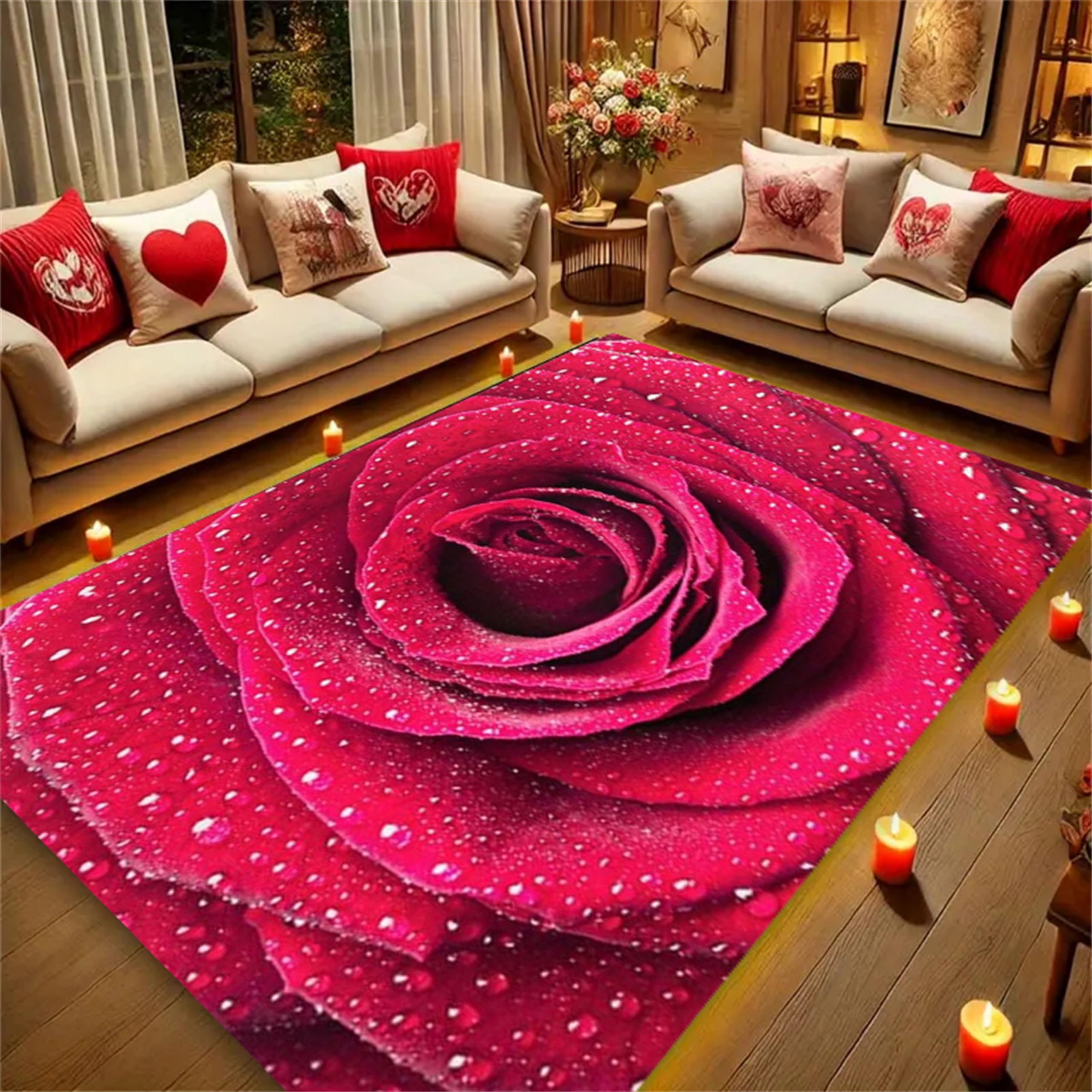 AOESELN Red Rose Flower Area Rug,4x6ft,3D Printed Non-Slip Red Rose Rug, Rose Floral Living Room Washable Rugs for Living Room Bedroom Girls Women