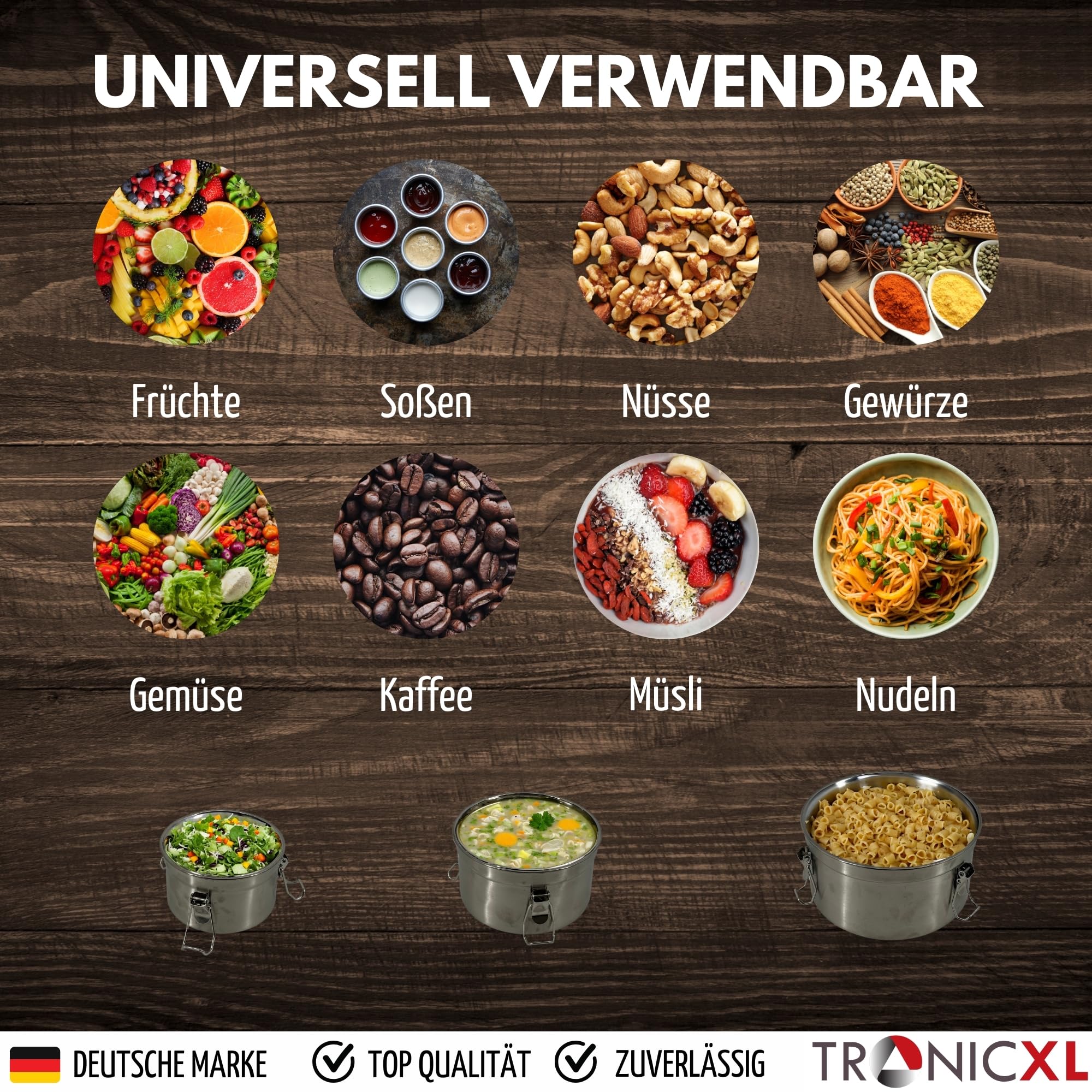 TronicXL Premium Lunchbox Edelstahl Behälter Mit Deckel 3er Pack Behälter für Camping Küche Brotdose Lunchbox Gemüse Fleisch Käse Dichtung auslaufsicher Frischhaltedose Metall