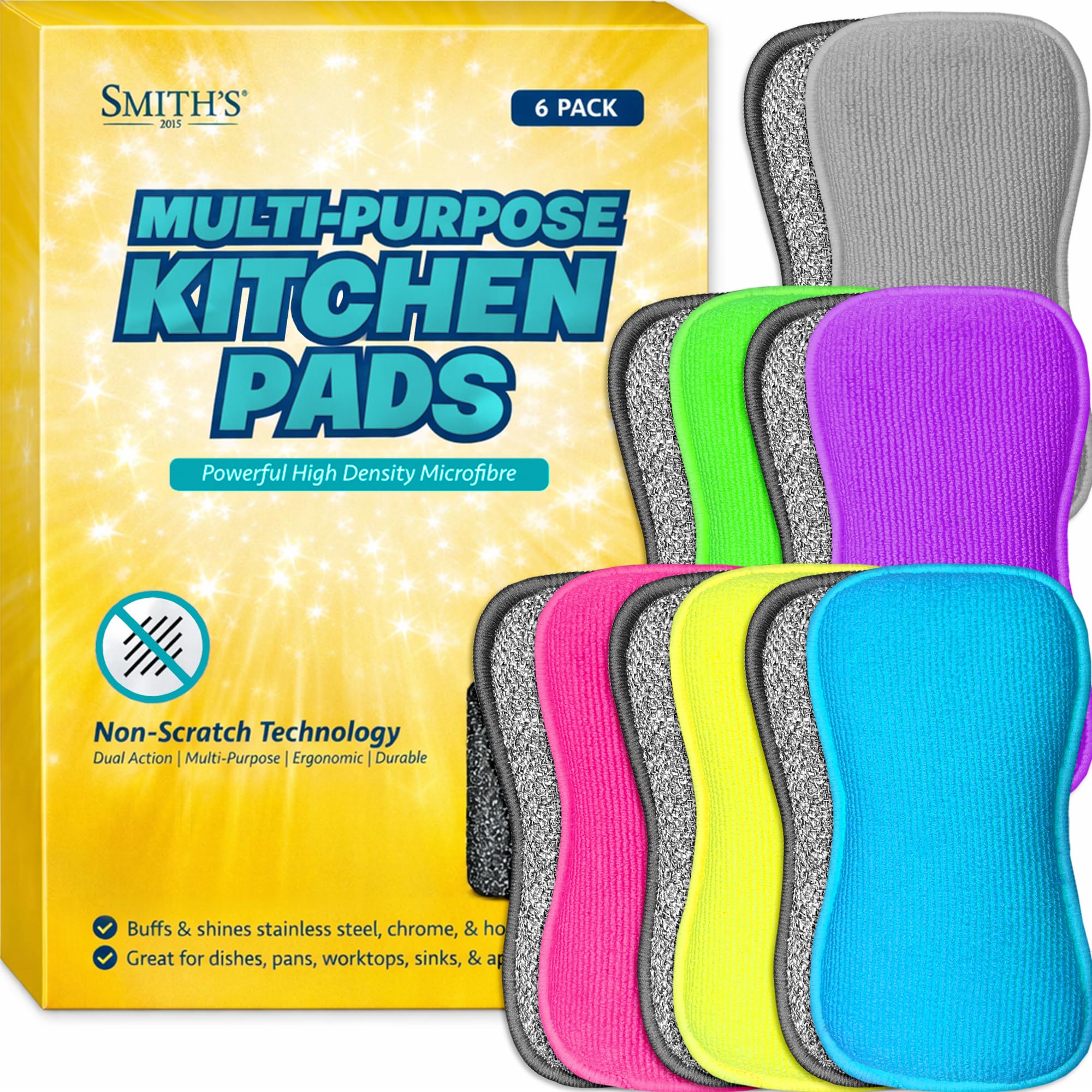 Multi-Purpose Kitchen Pads by Smith’s® | Multicoloured | 6 Pack | Washing Up Dishes & Multi-Surface Scrub Sponges | Kitchen & Home | Non-Scratch | Durable | Chemical Free