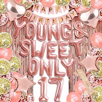 ROTASLOG Rose Gold 17th Birthday Party Decorations Young And Sweet Only 17 Balloons, Banners, Curtains, Sash & Ribbon