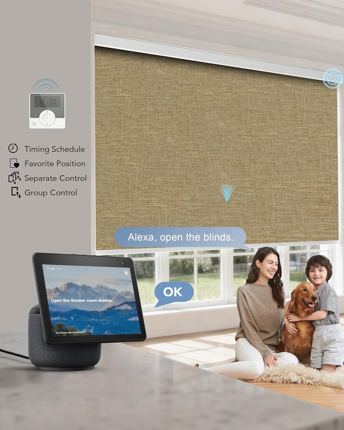 Smart Blinds Custom to 110" Width for Large Windows 100% Blackout Motorized Roller Shades Compatible with Alexa Google Automatic Indoor Blinds Remote Control Classic Coffee